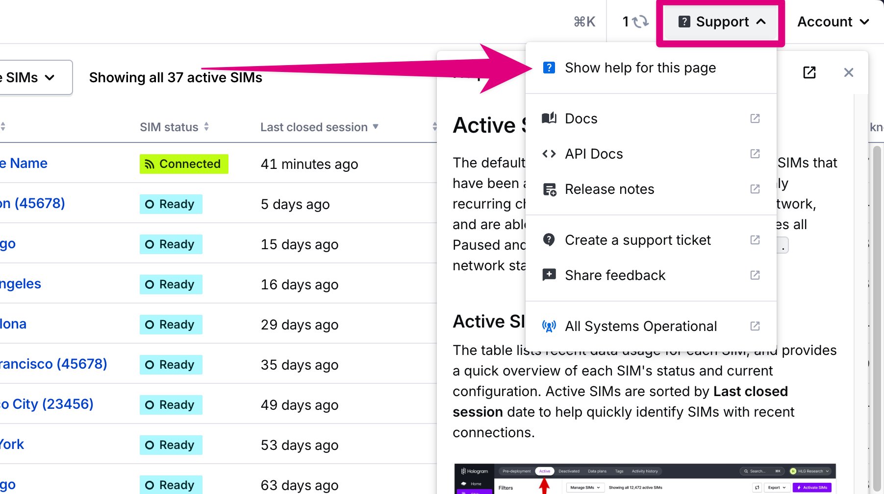 Documentation sidebar in the top right corner of your dashboard