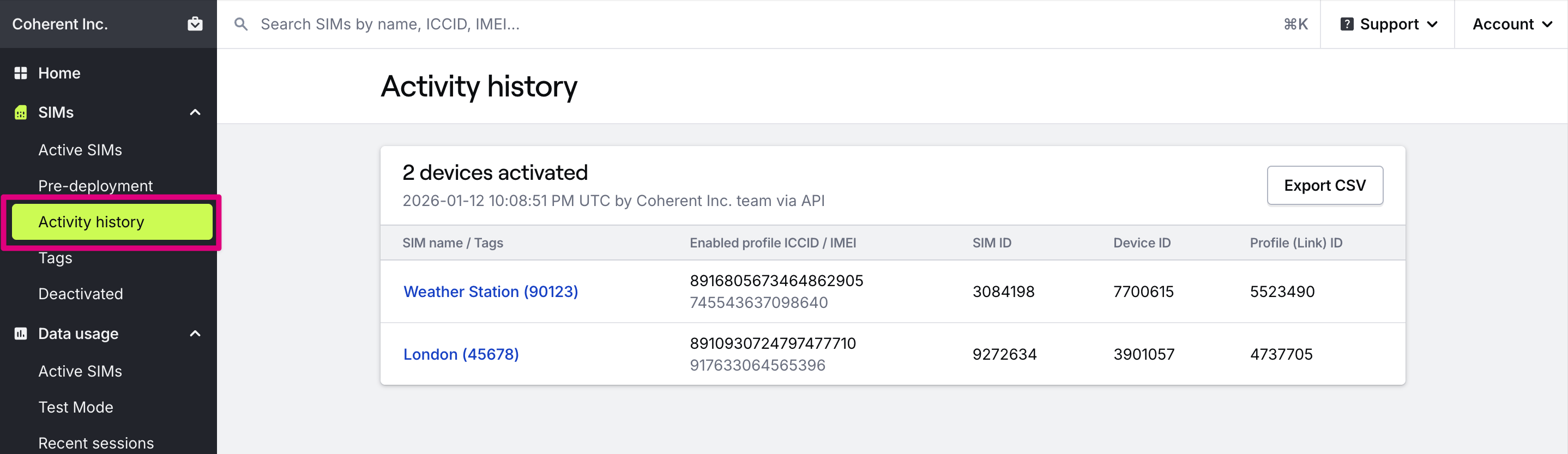 Activity history details page