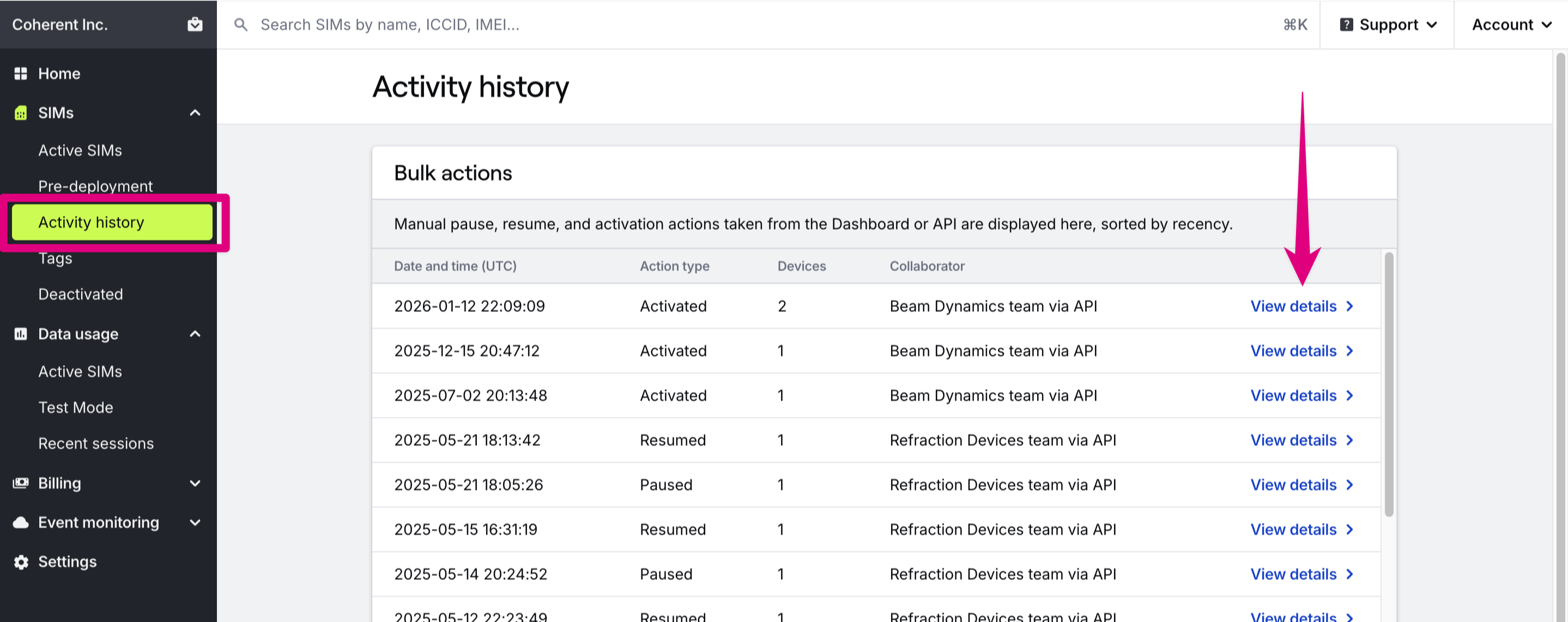 Activity history page