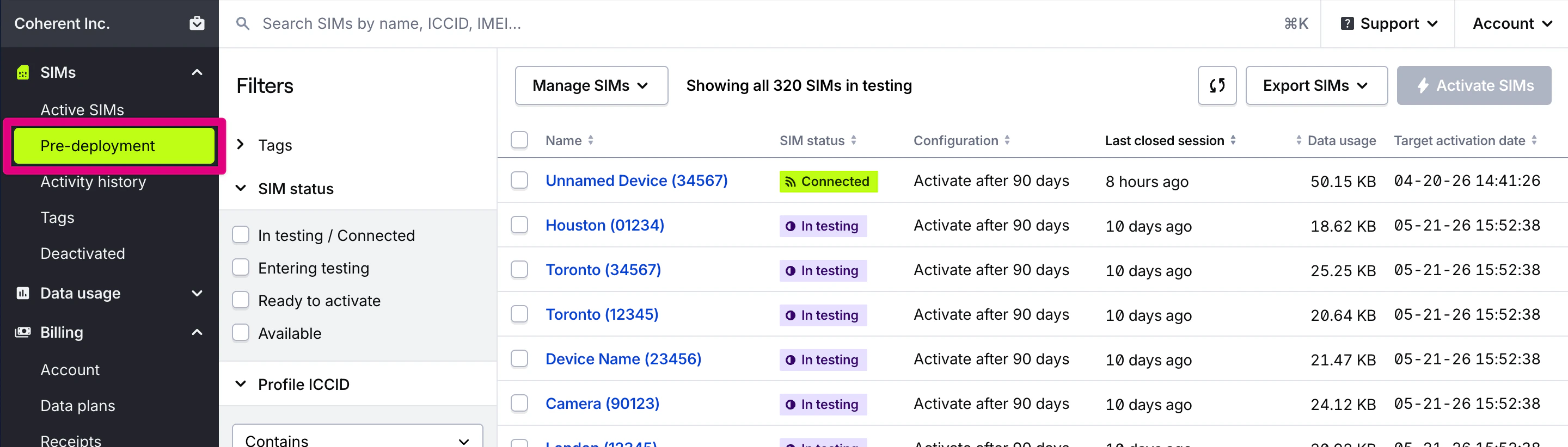 Pre-deployment page in dashboard showing SIMs in Test Mode