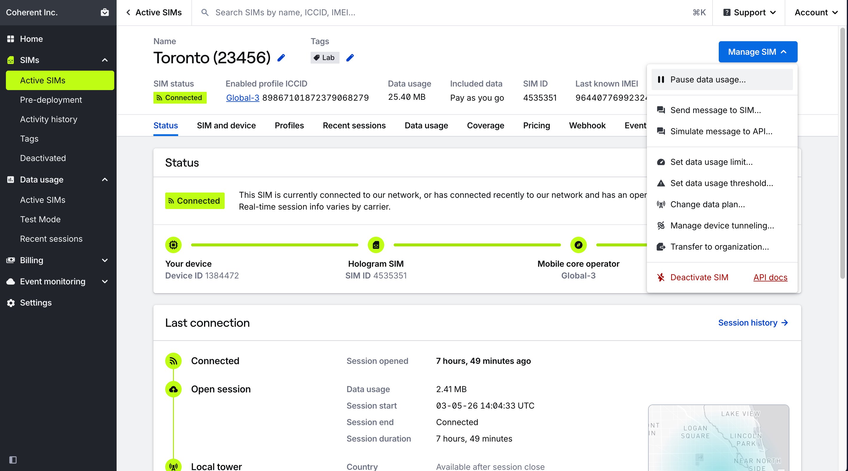 SIM details page header