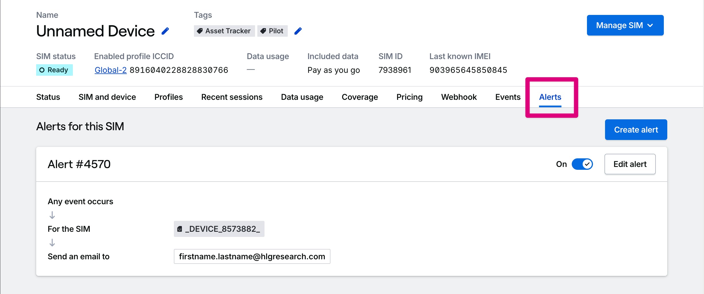 SIM alerts tab