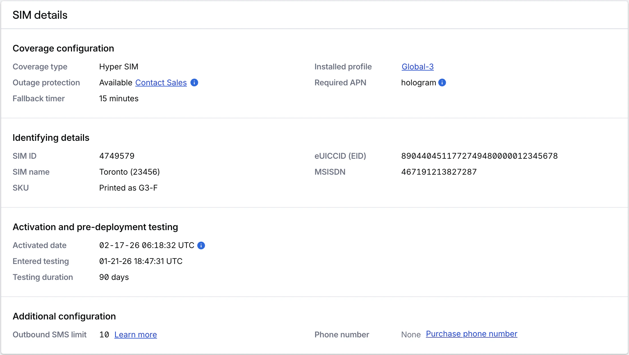 SIM details card