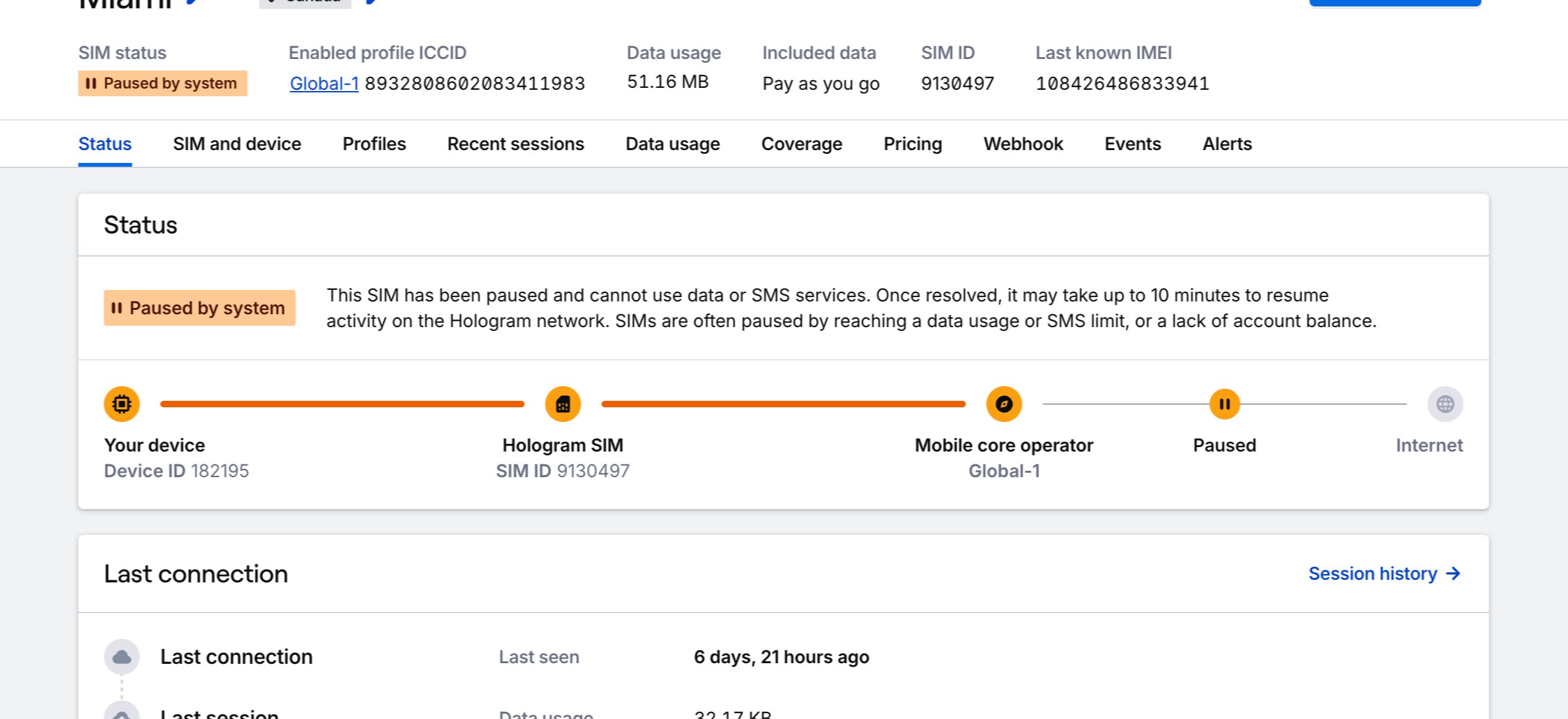 SIM paused by system with status in the SIM details page