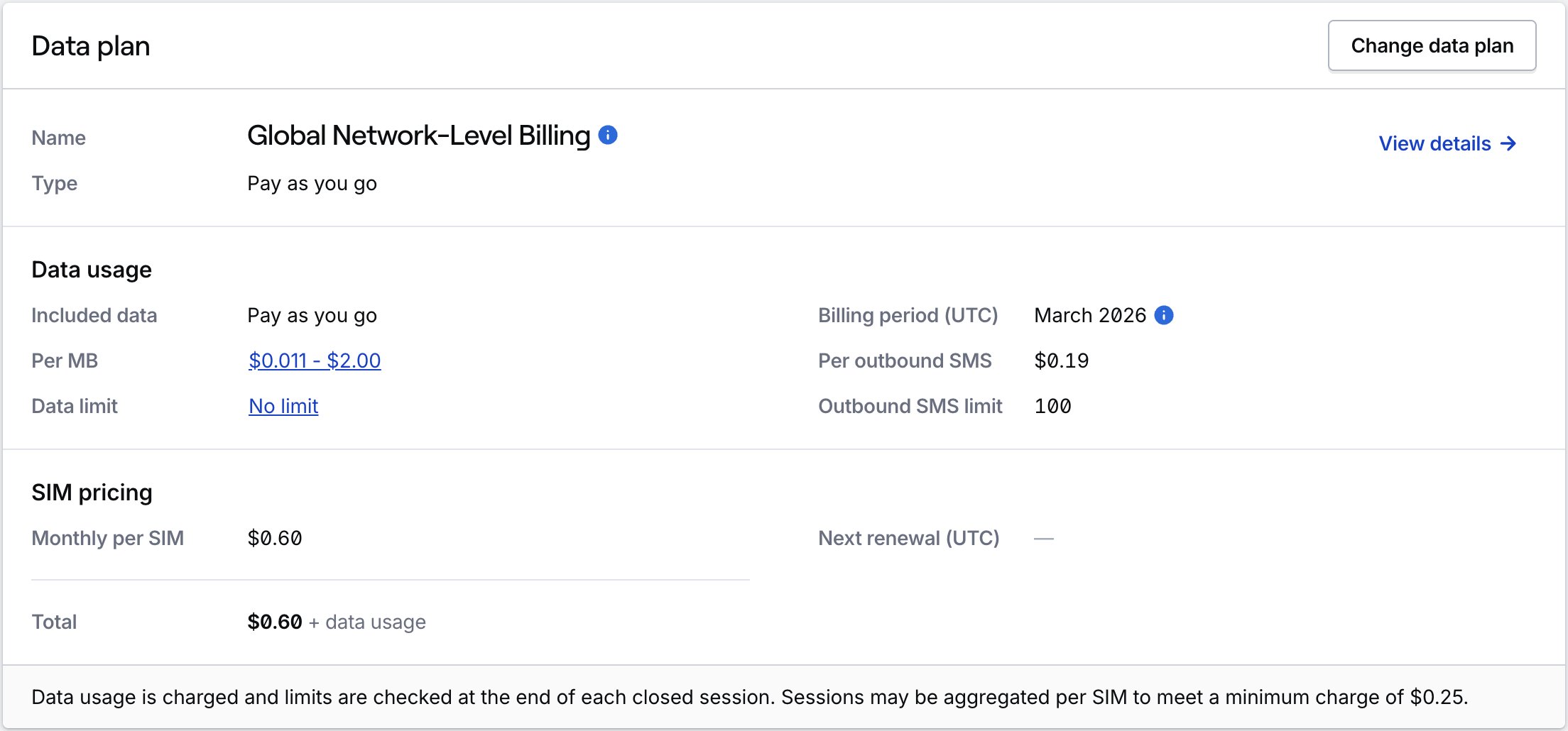 SIM pricing card