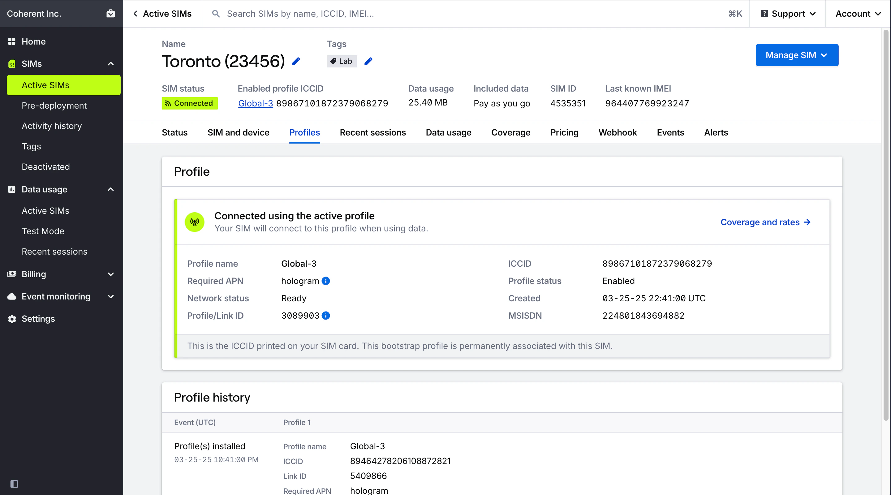 SIM profiles card