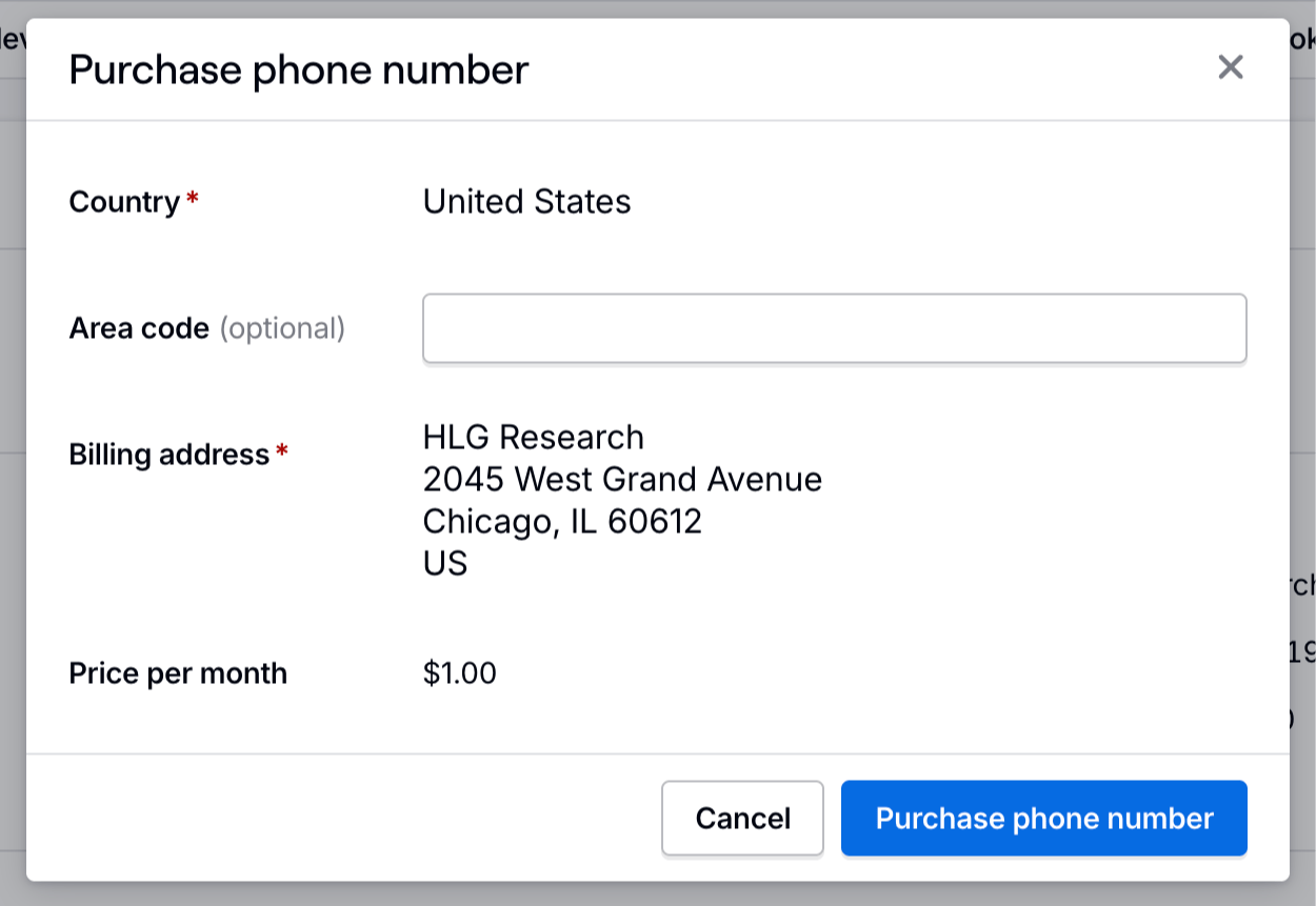 Purchase phone number modal