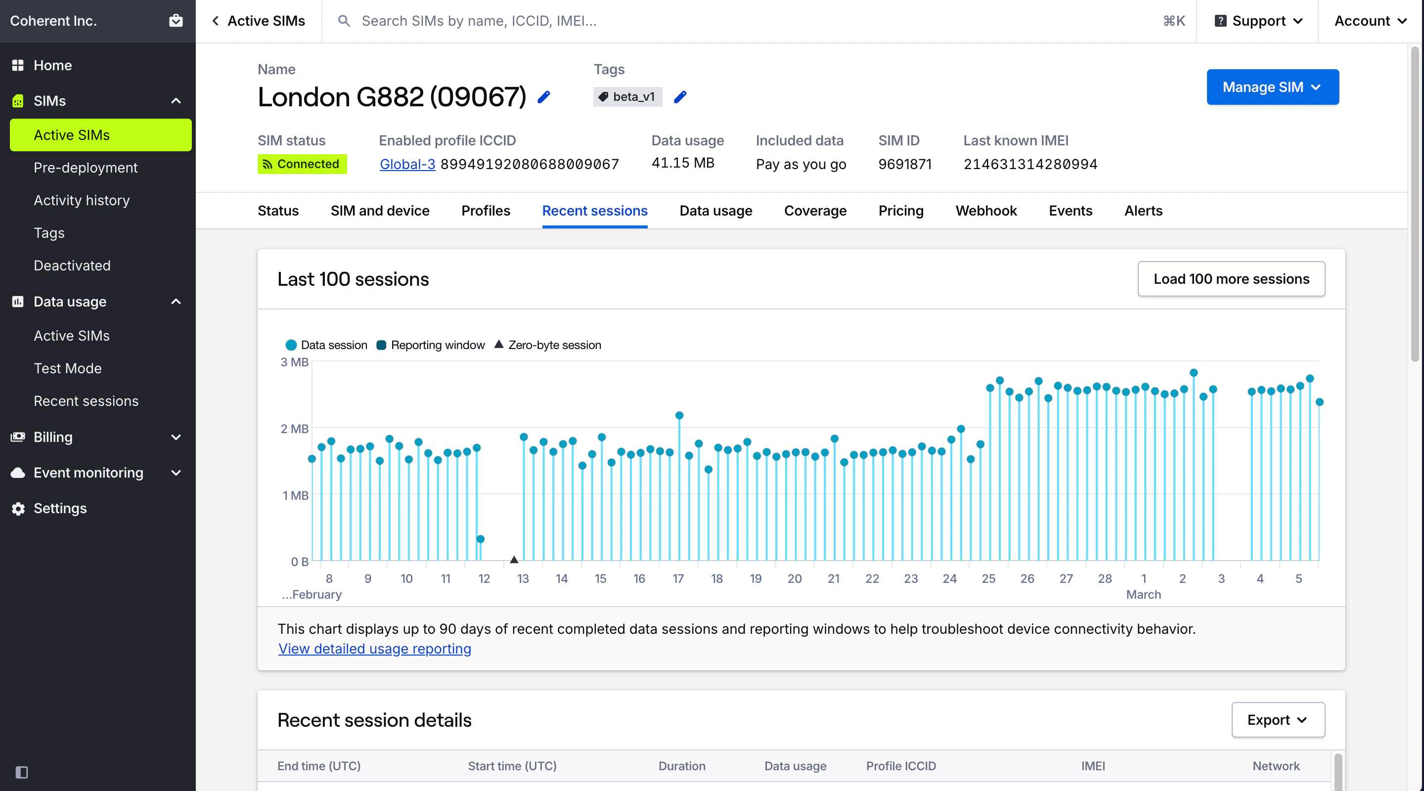 SIM recent sessions tab with timeline chart of recent sessions