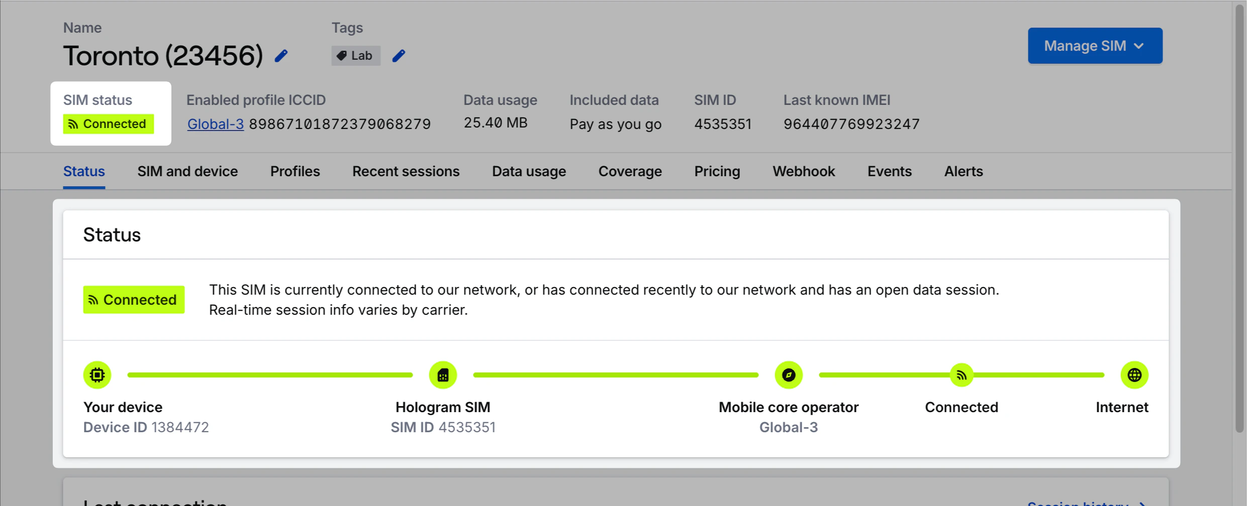 SIM details page showing status tab with profile state information