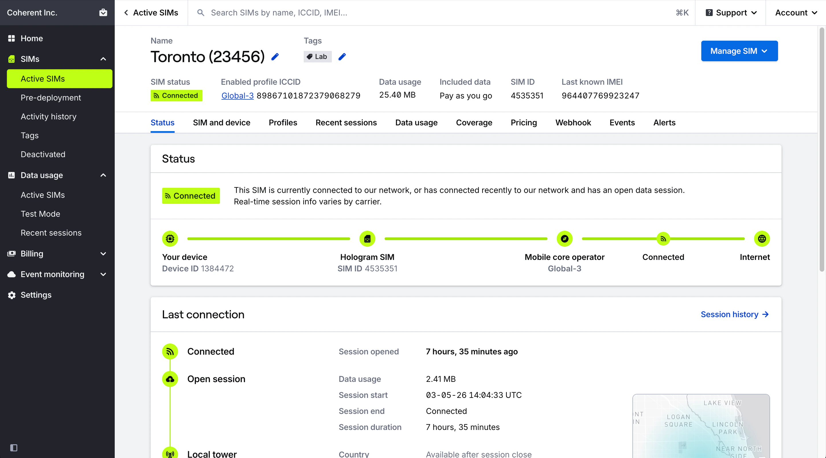 SIM details page showing status tab with profile state information