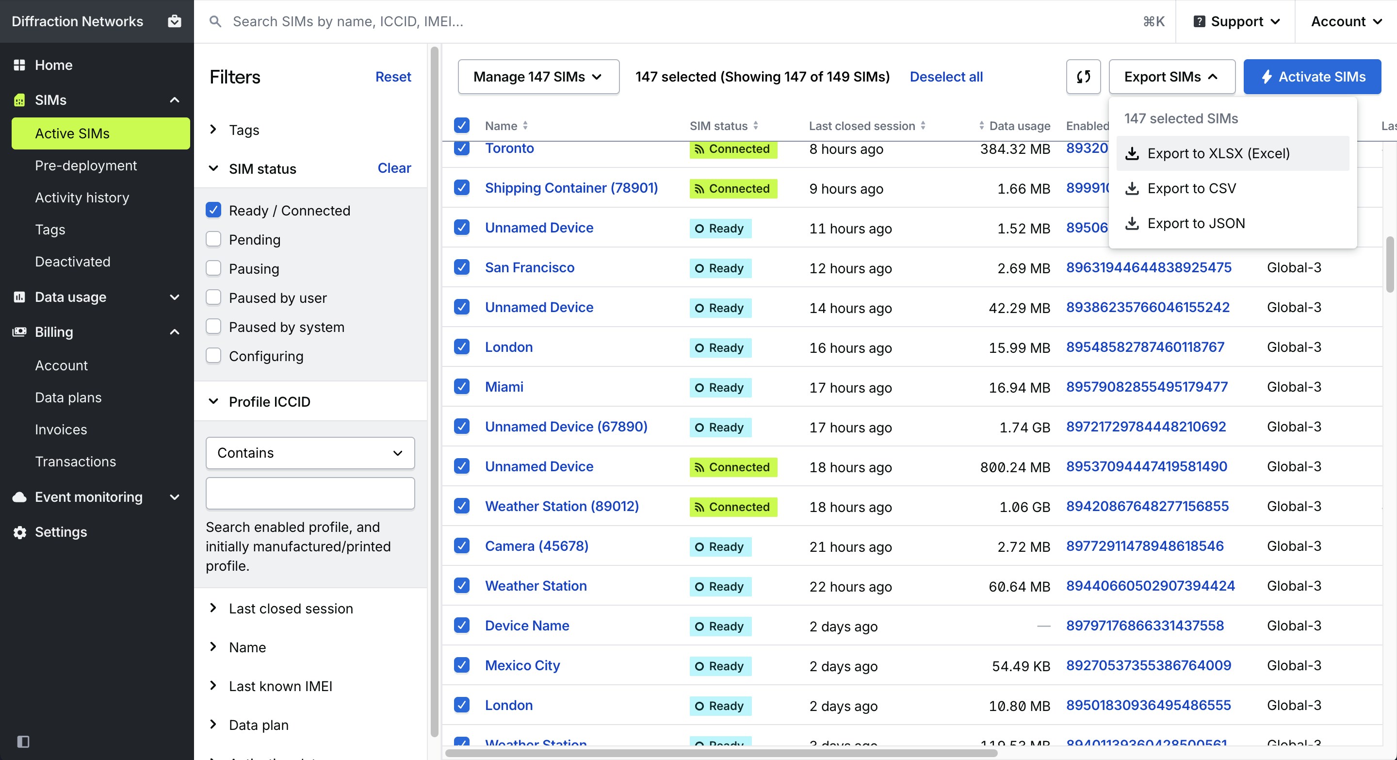 Export SIMs data