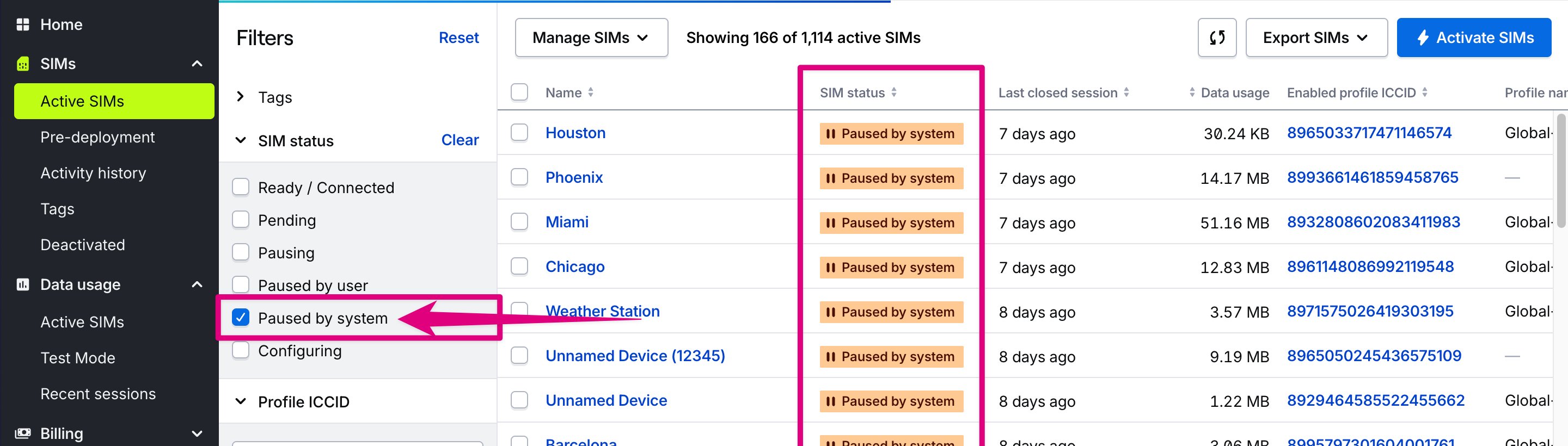 List of SIMs with a Paused by system status in the SIMs pages