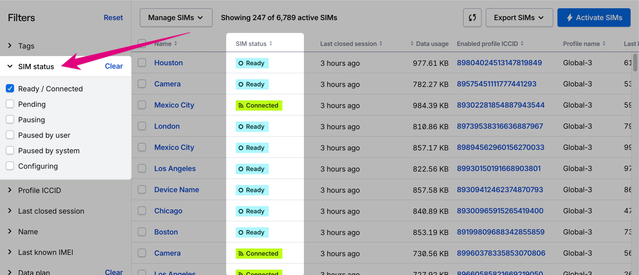 SIM status column showing different status indicators with filter panel on left