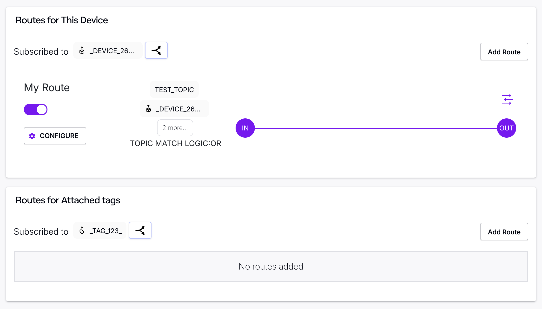 Routes cards displaying all routes configured for this SIM