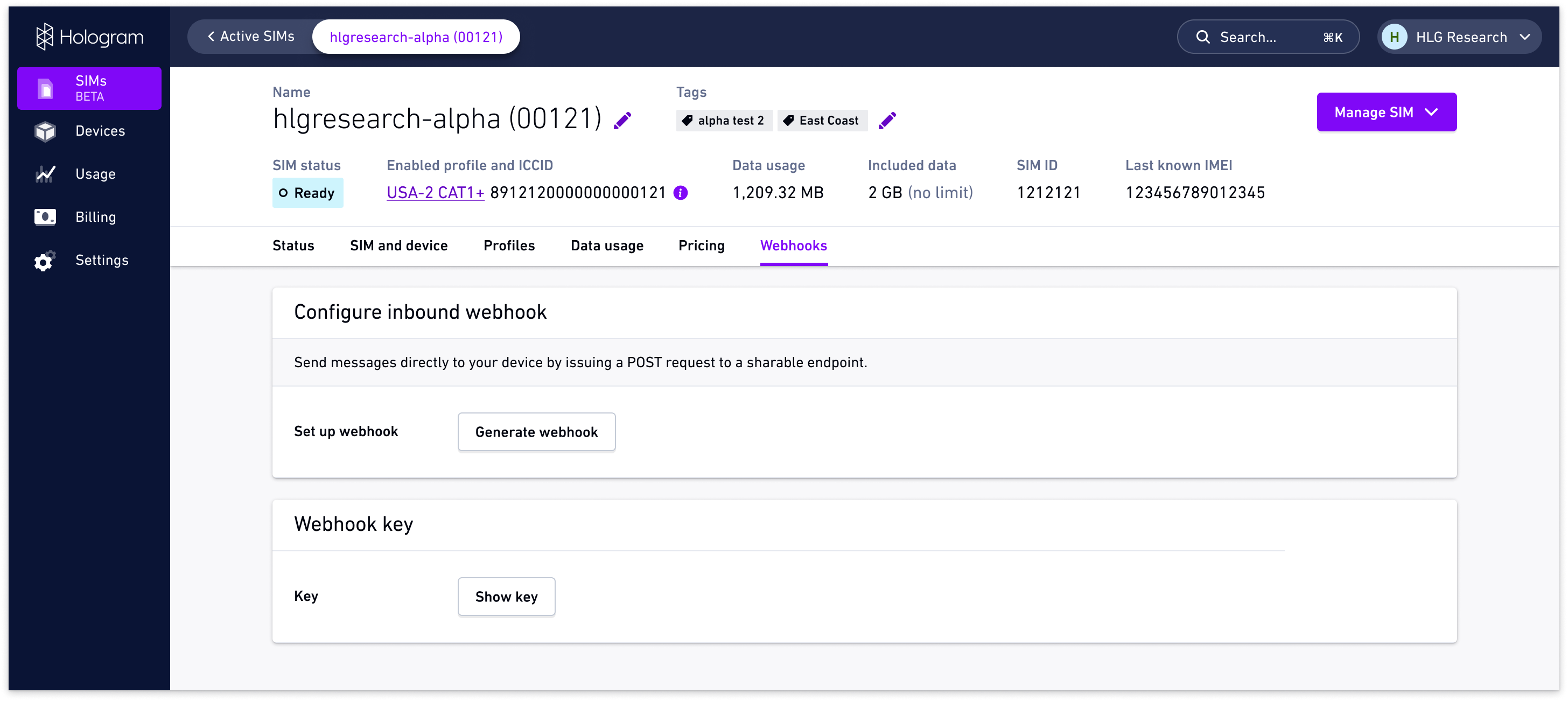 Webhooks tab showing the Show key button in the Webhook key card