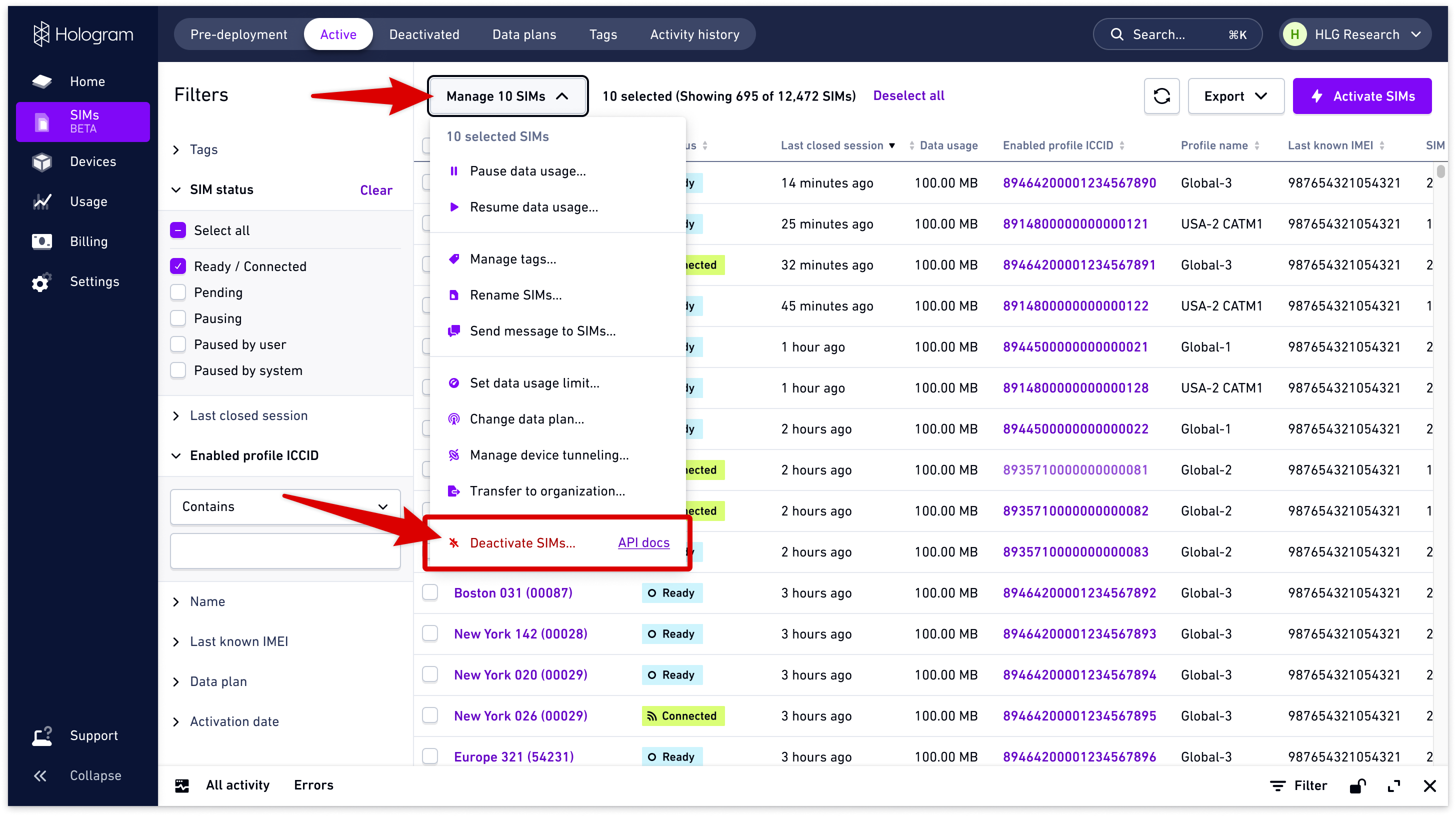Manage SIMs menu with Deactivate SIMs option