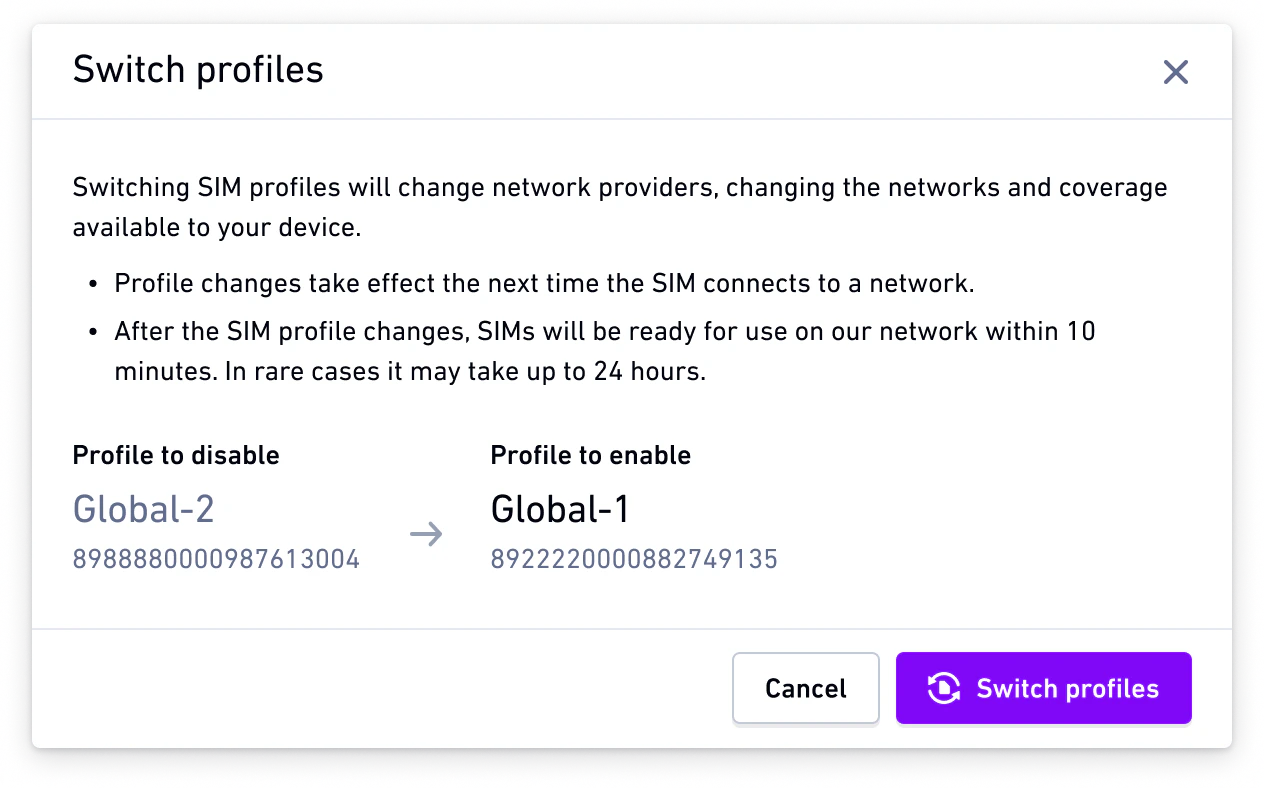 Switch profiles modal showing profile configuration changes