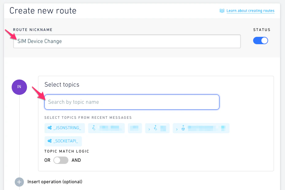 Create route form showing topic selection
