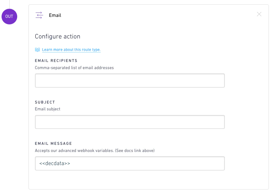 Email route configuration form with recipients and message template
