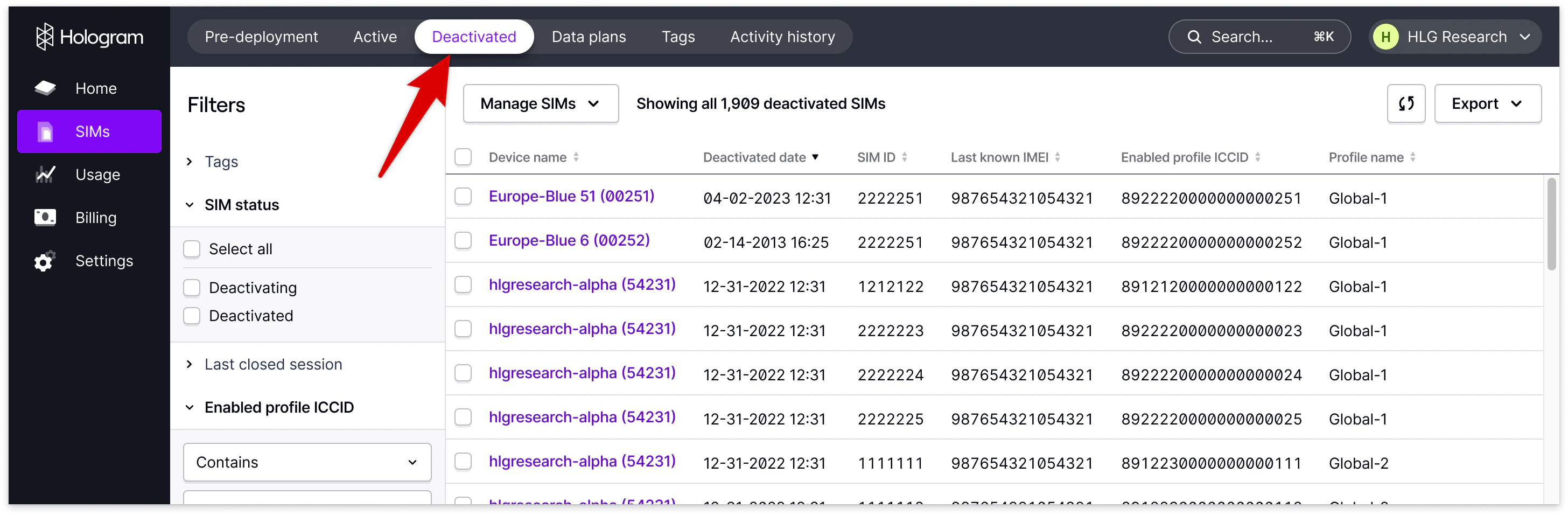 Deactivated SIMs page showing permanently disabled SIMs