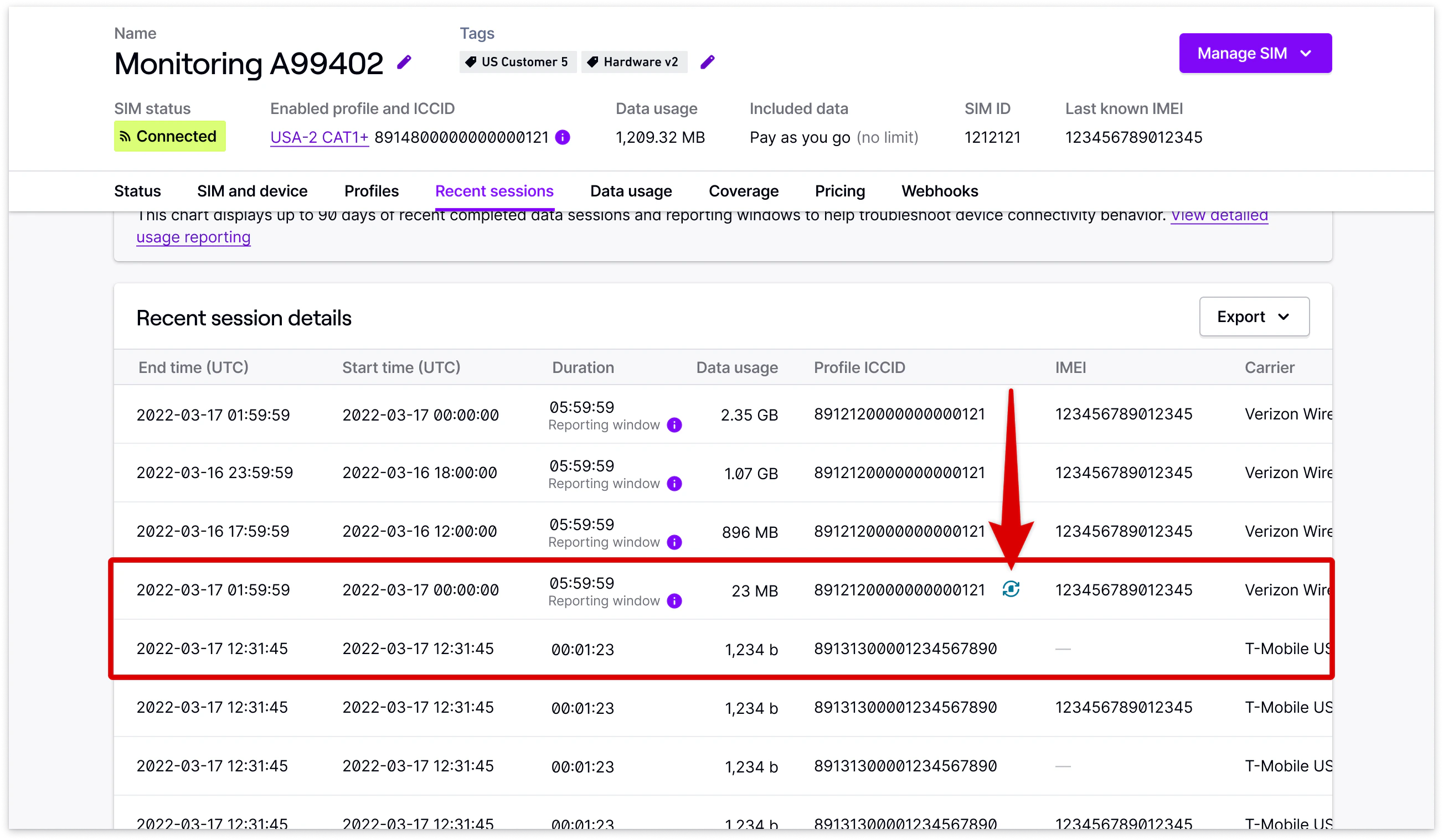 Recent Sessions tab with fallback event indicator