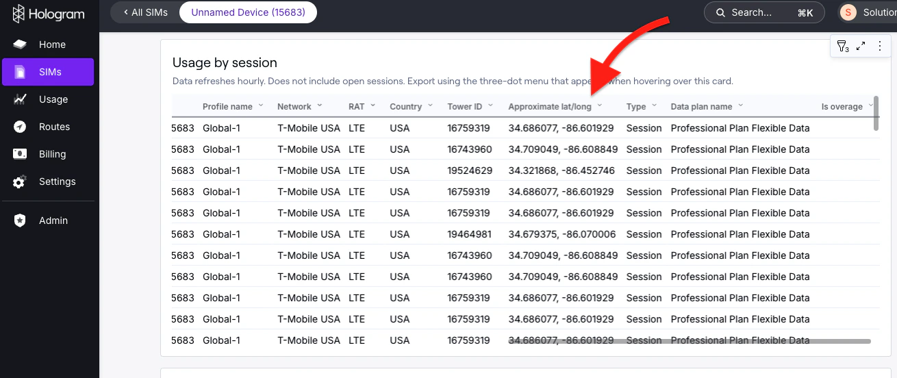 Usage reporting tab showing session history with location data