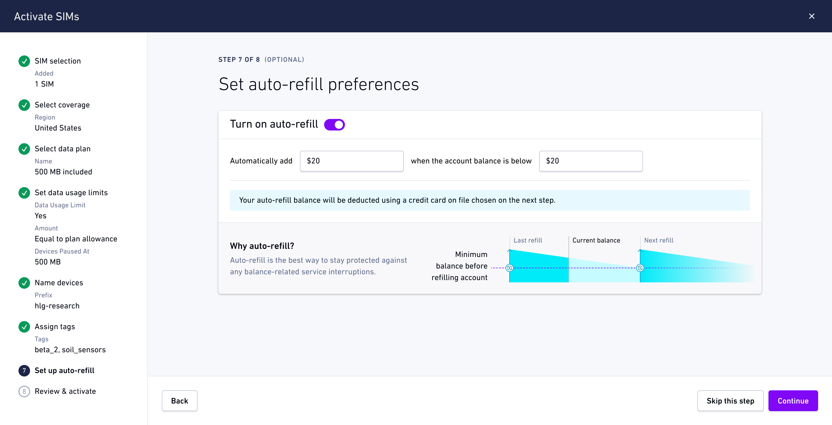 Changing auto-refill during activation