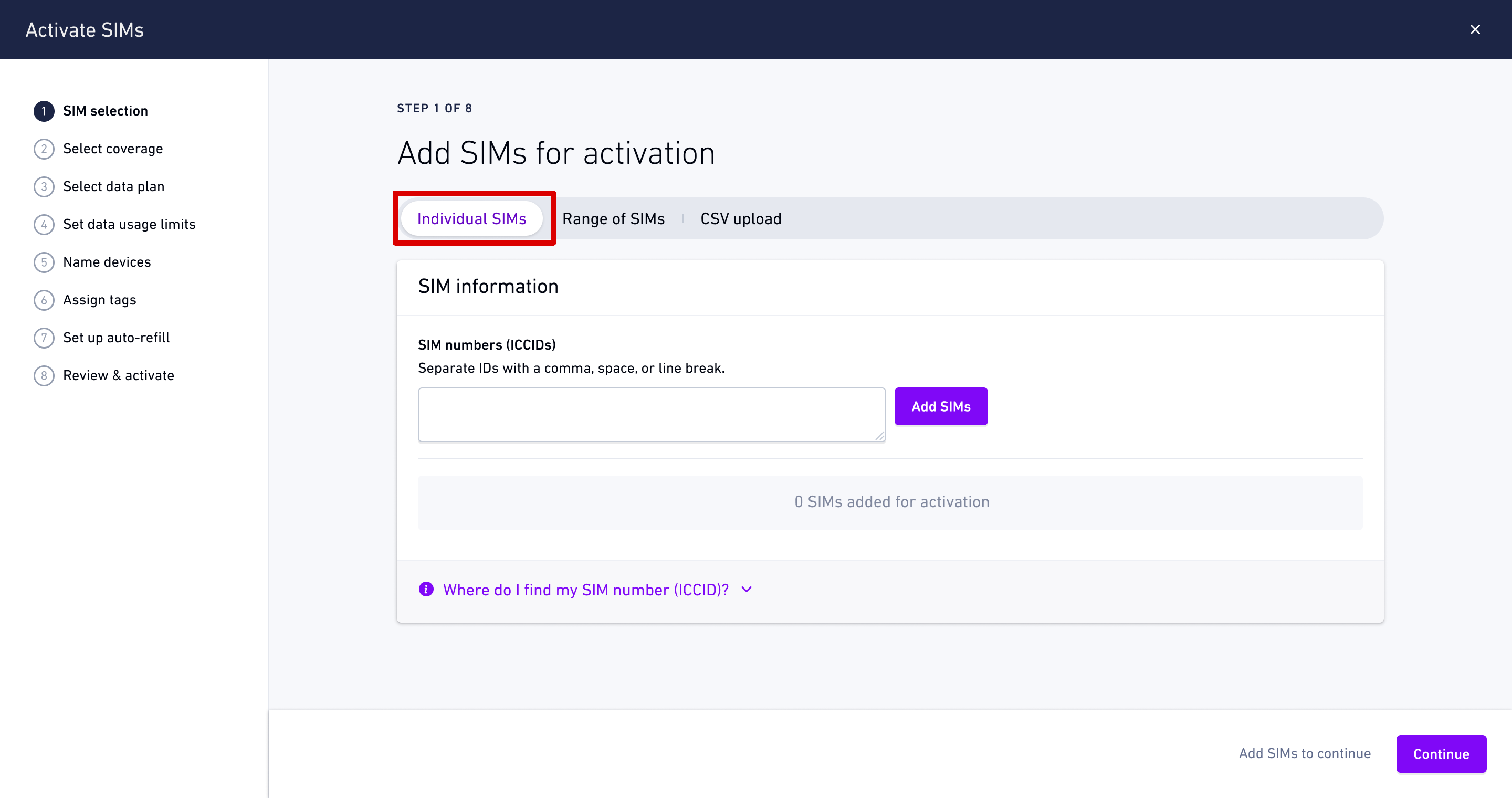 Enter ICCIDs individually