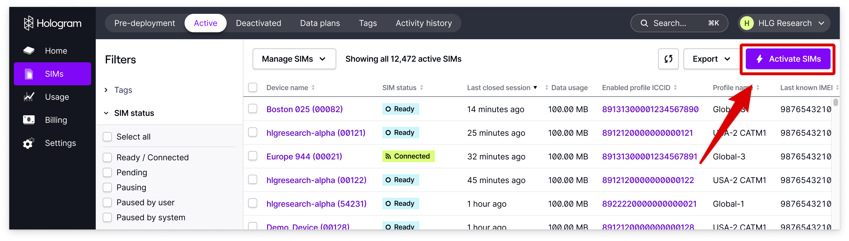 Activate SIMs button