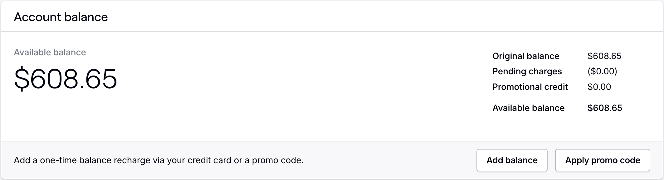 Account balance card, add balance, and current balance