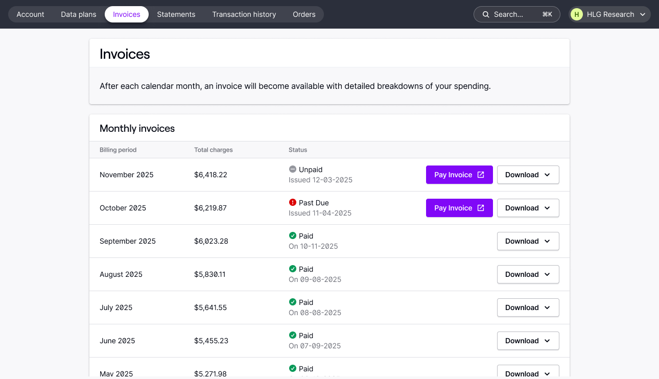 Billing - Invoices page