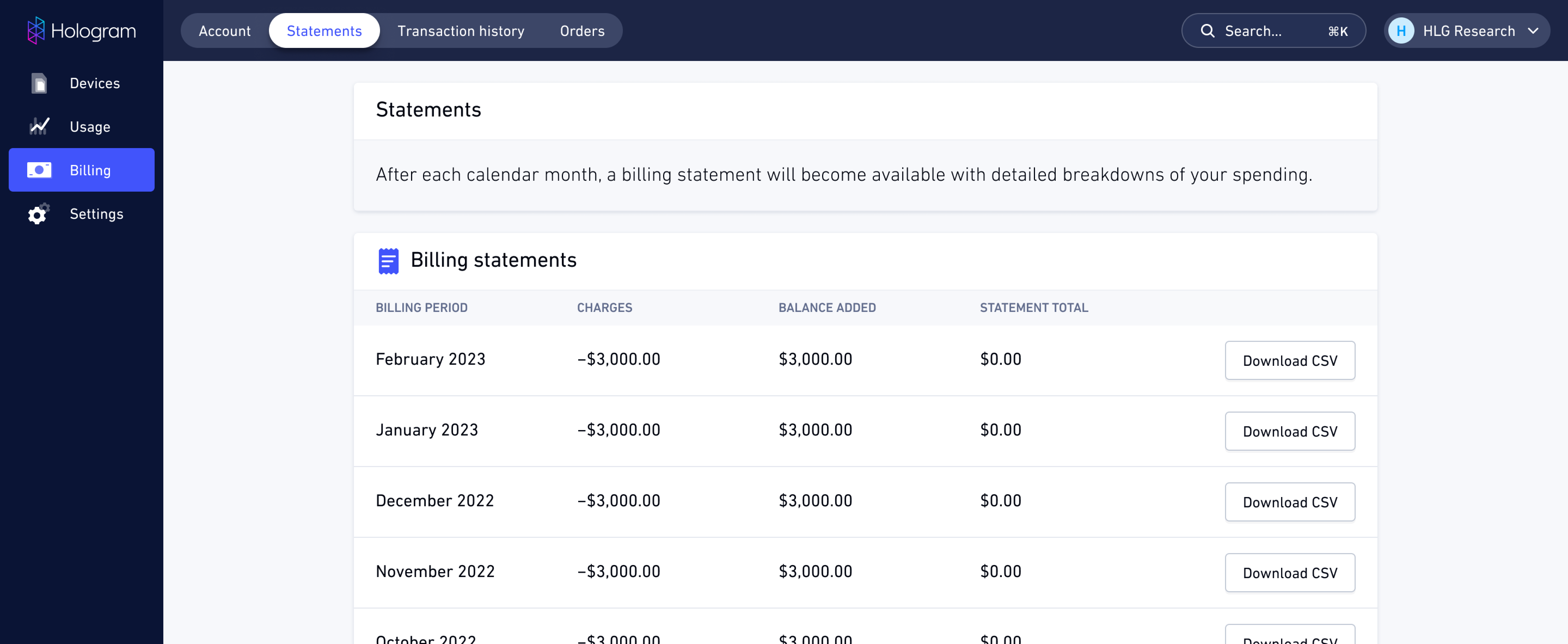 Statement page with list of organization's billing statements