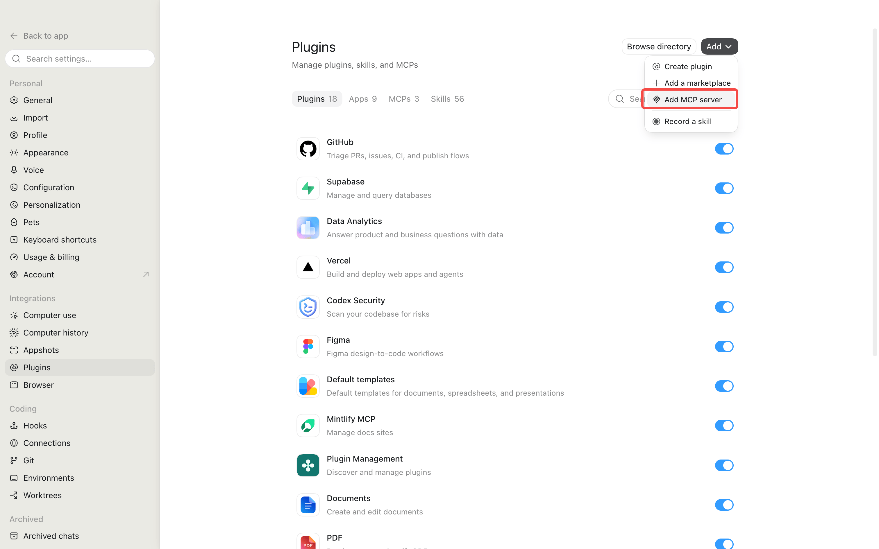 Open Settings and Plugins, then choose Add MCP server