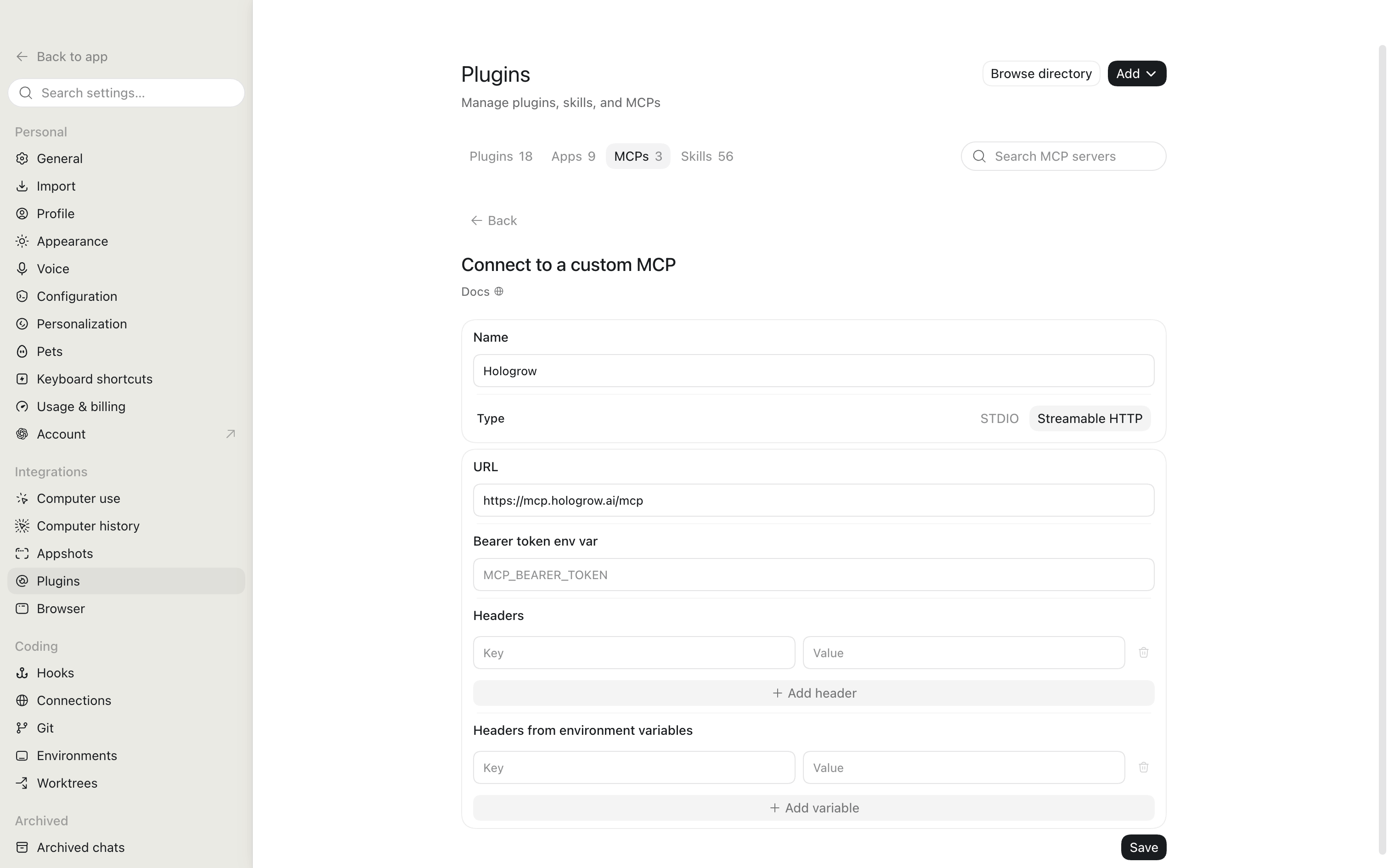 Hologrow MCP server details with Streamable HTTP selected