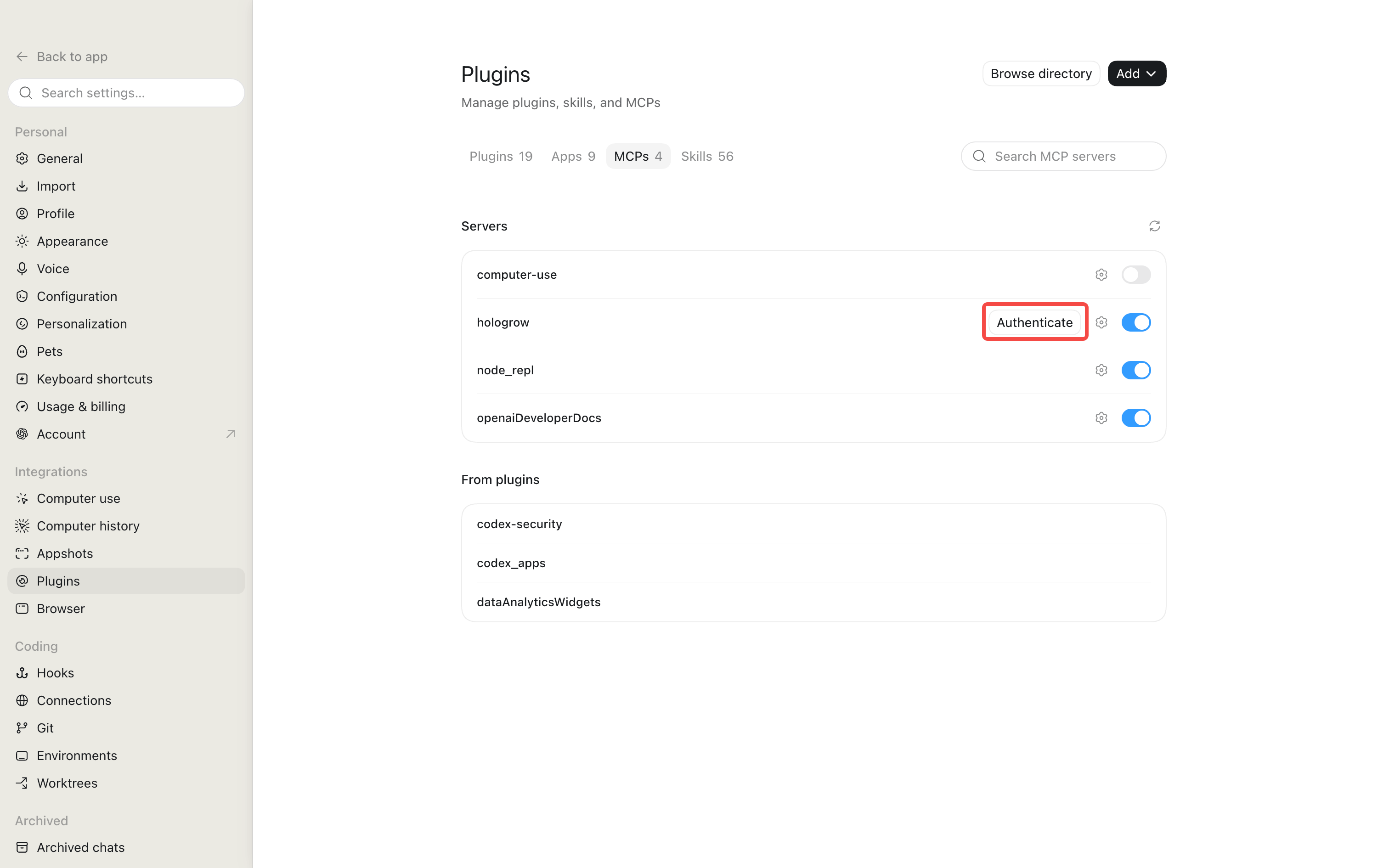 Authenticate button next to the Hologrow MCP server