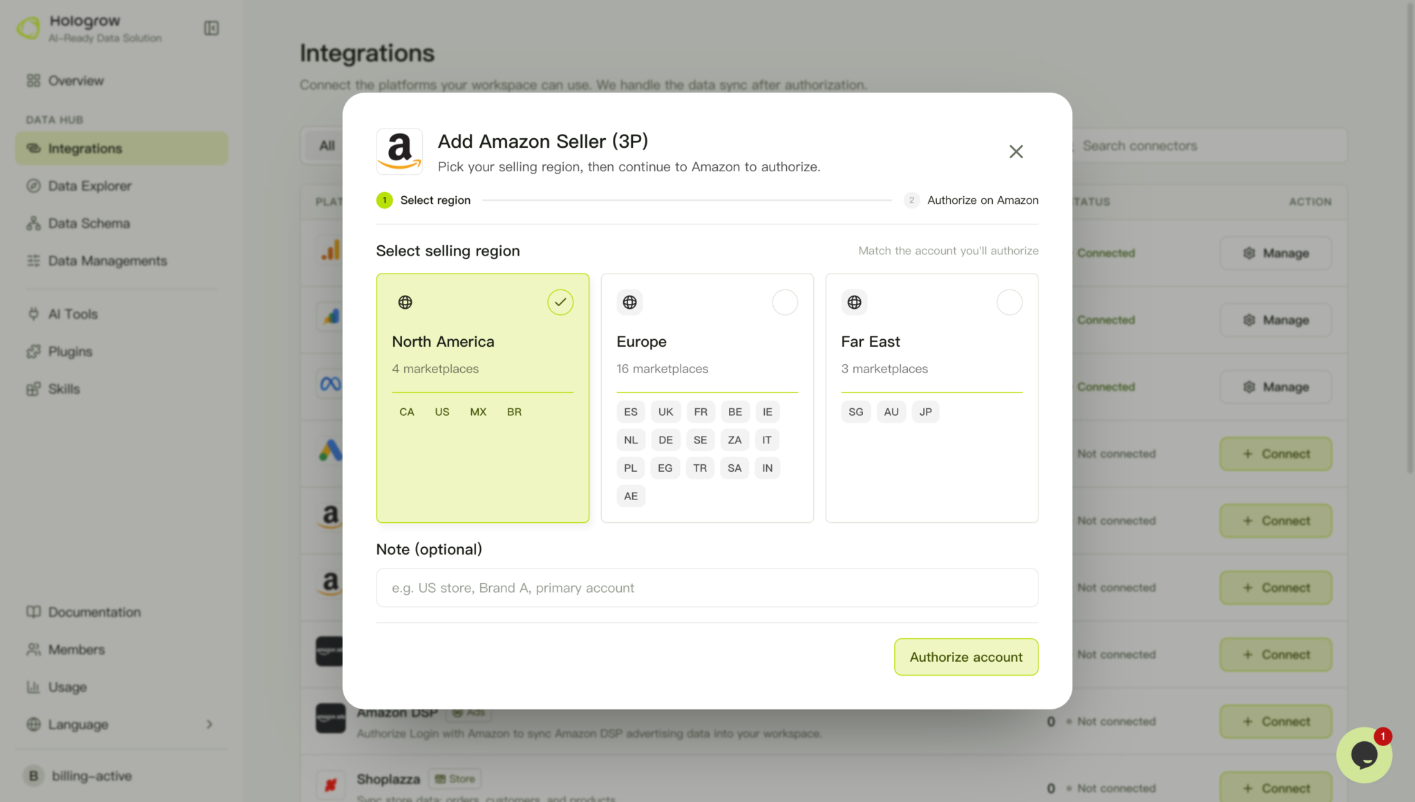 Screenshot: select the Amazon Seller region and authorize the account