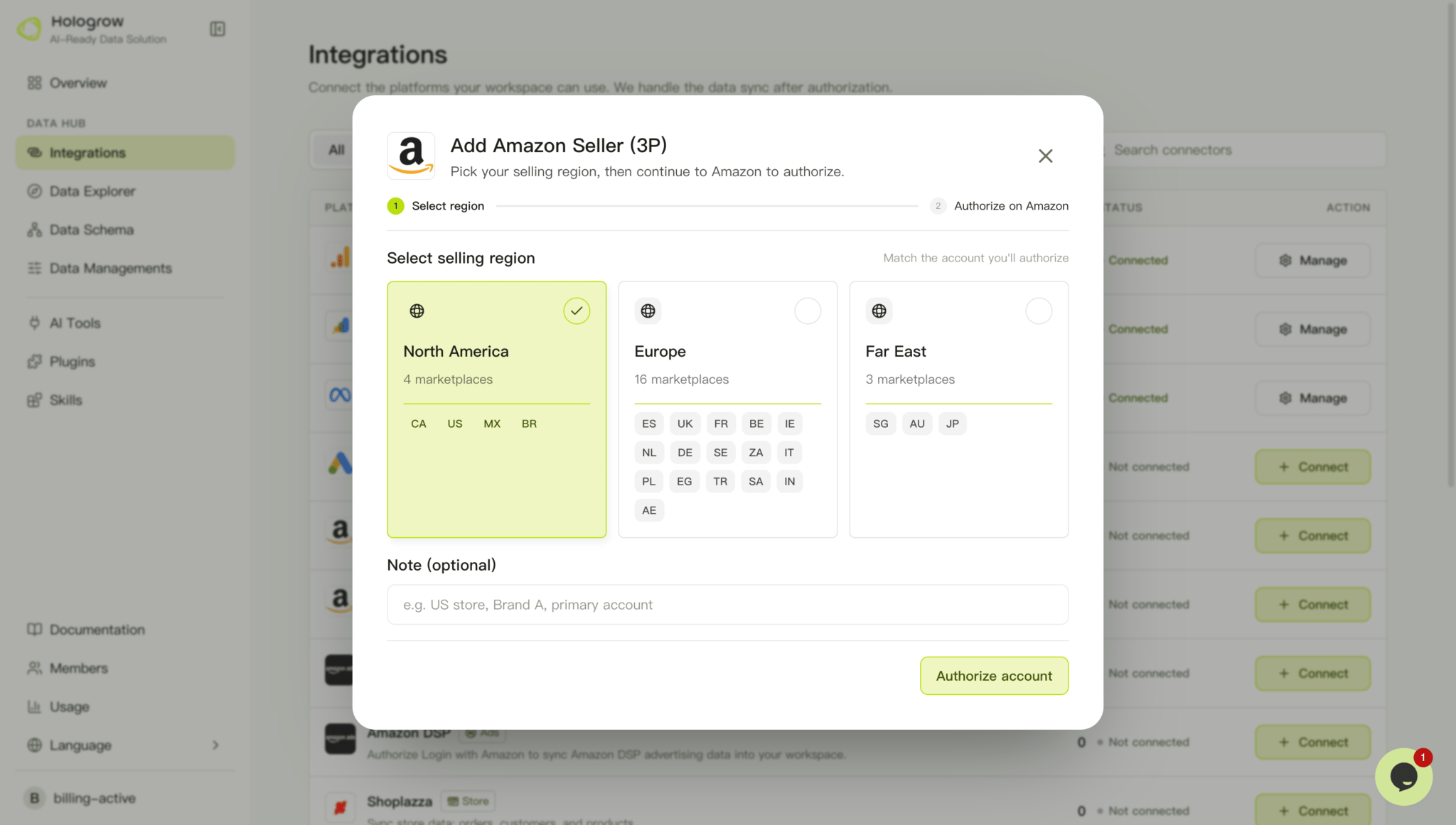 Screenshot: select the Amazon Seller region and authorize the account