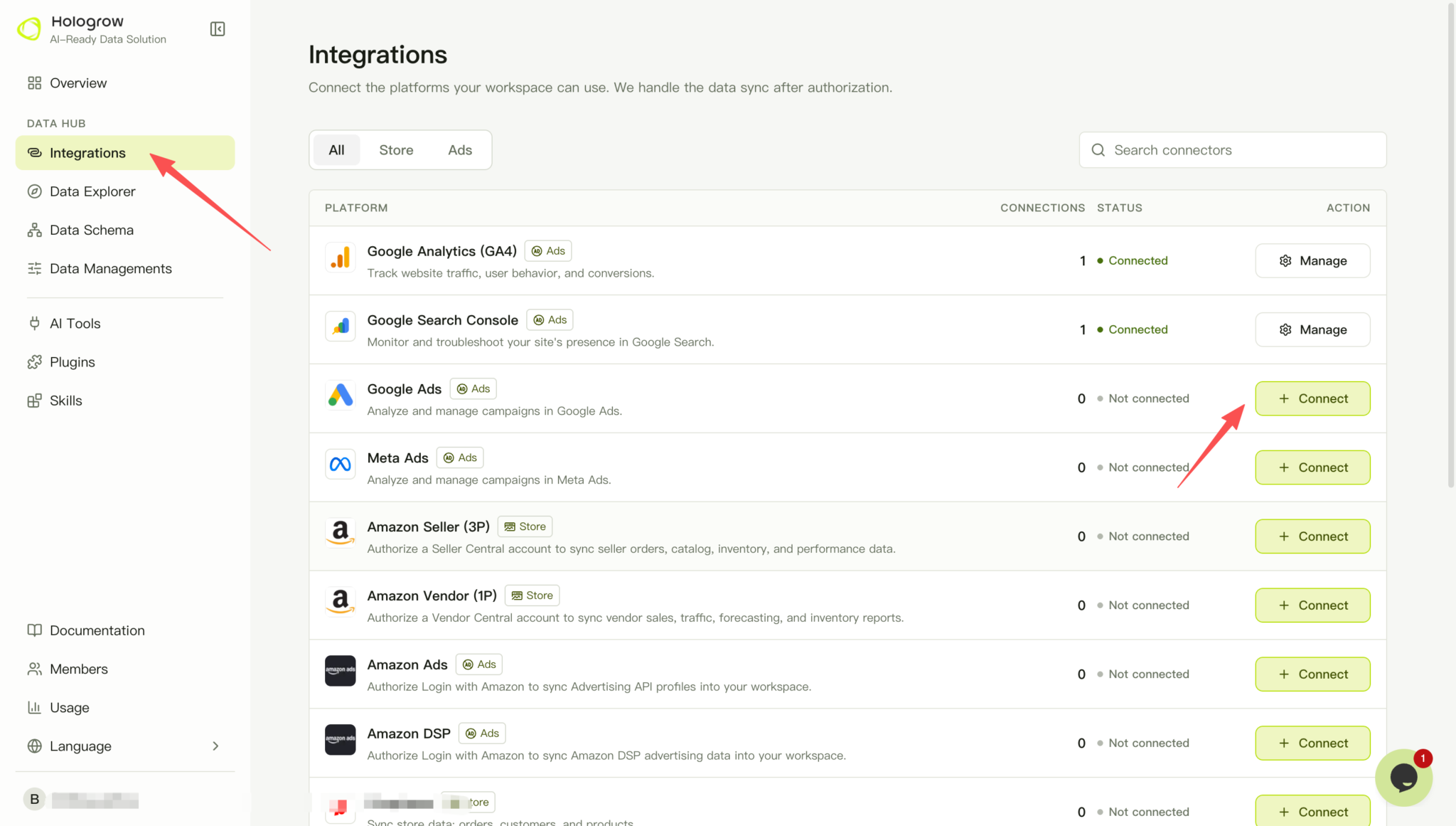Screenshot: find Google Ads in Integrations