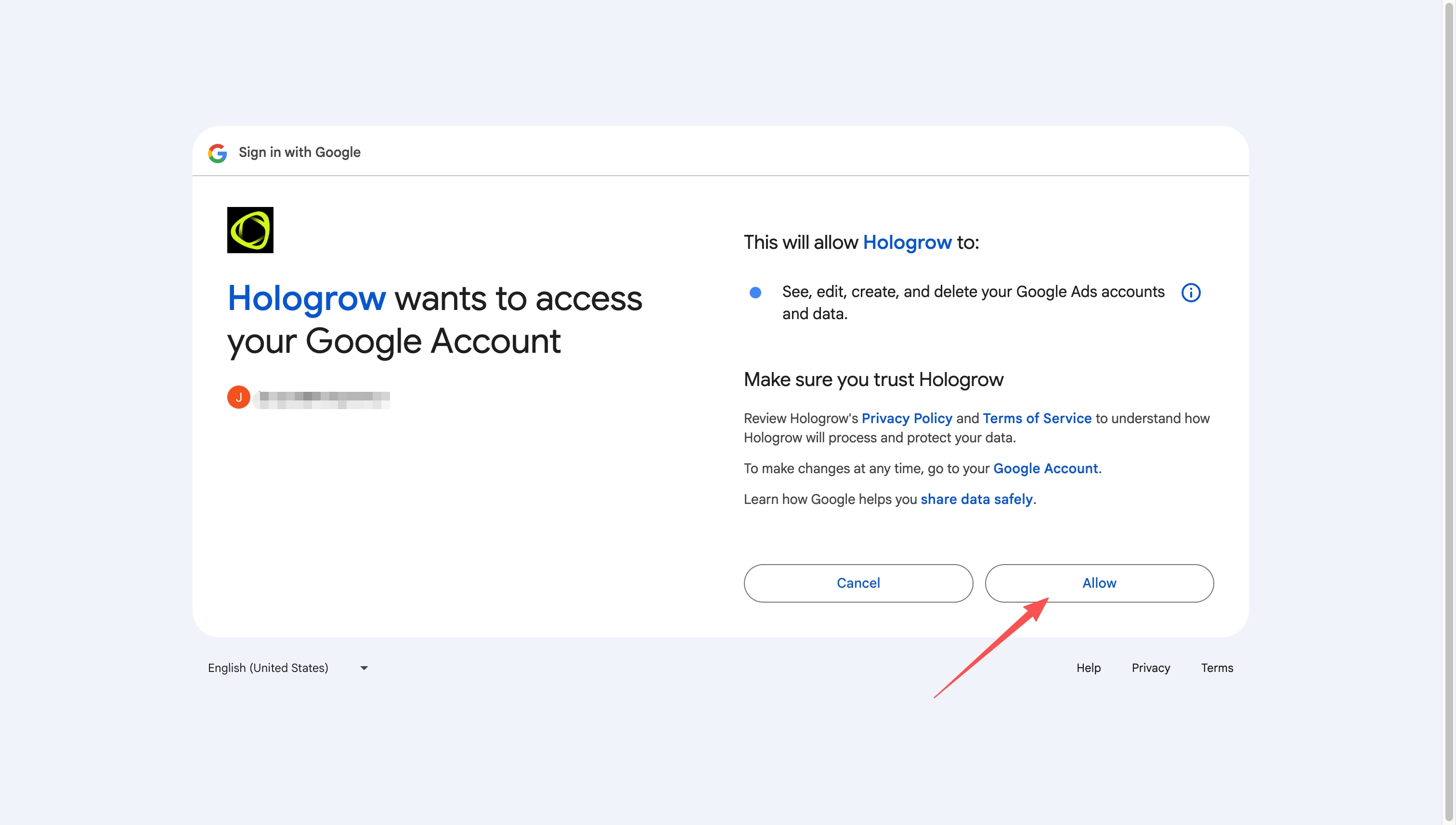 Screenshot: review Google Ads access and click Allow on Google's consent screen