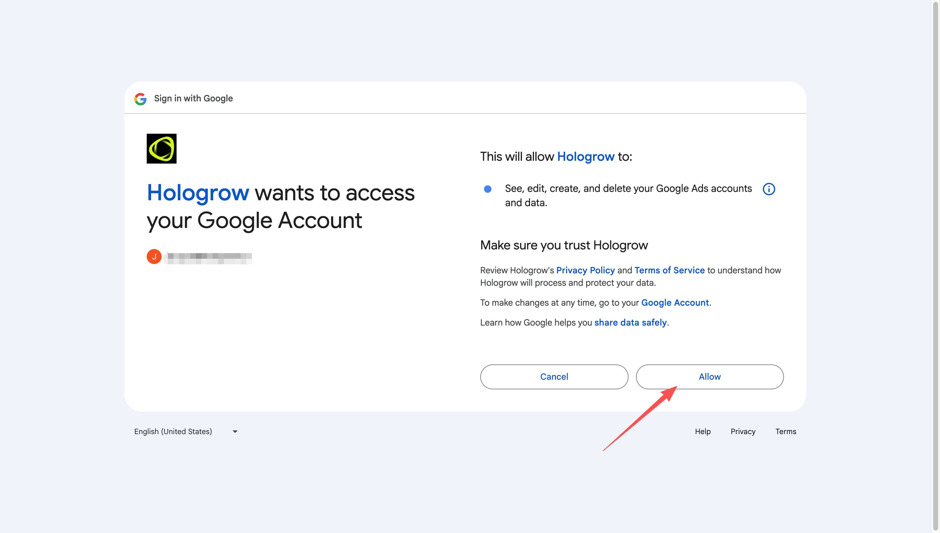 Screenshot: review Google Ads access and click Allow on Google's consent screen