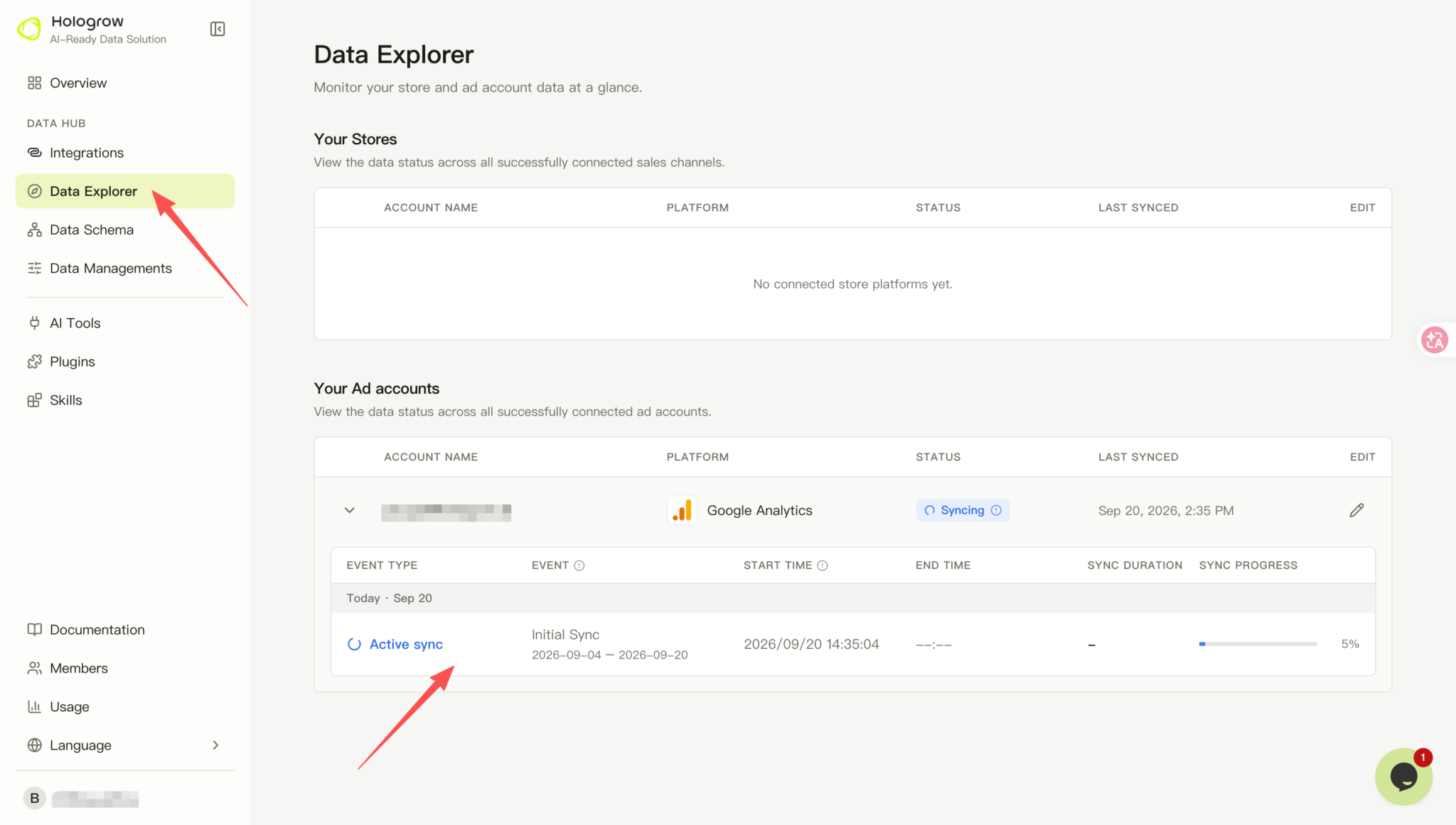 Screenshot: check GA4 sync progress in Data Explorer