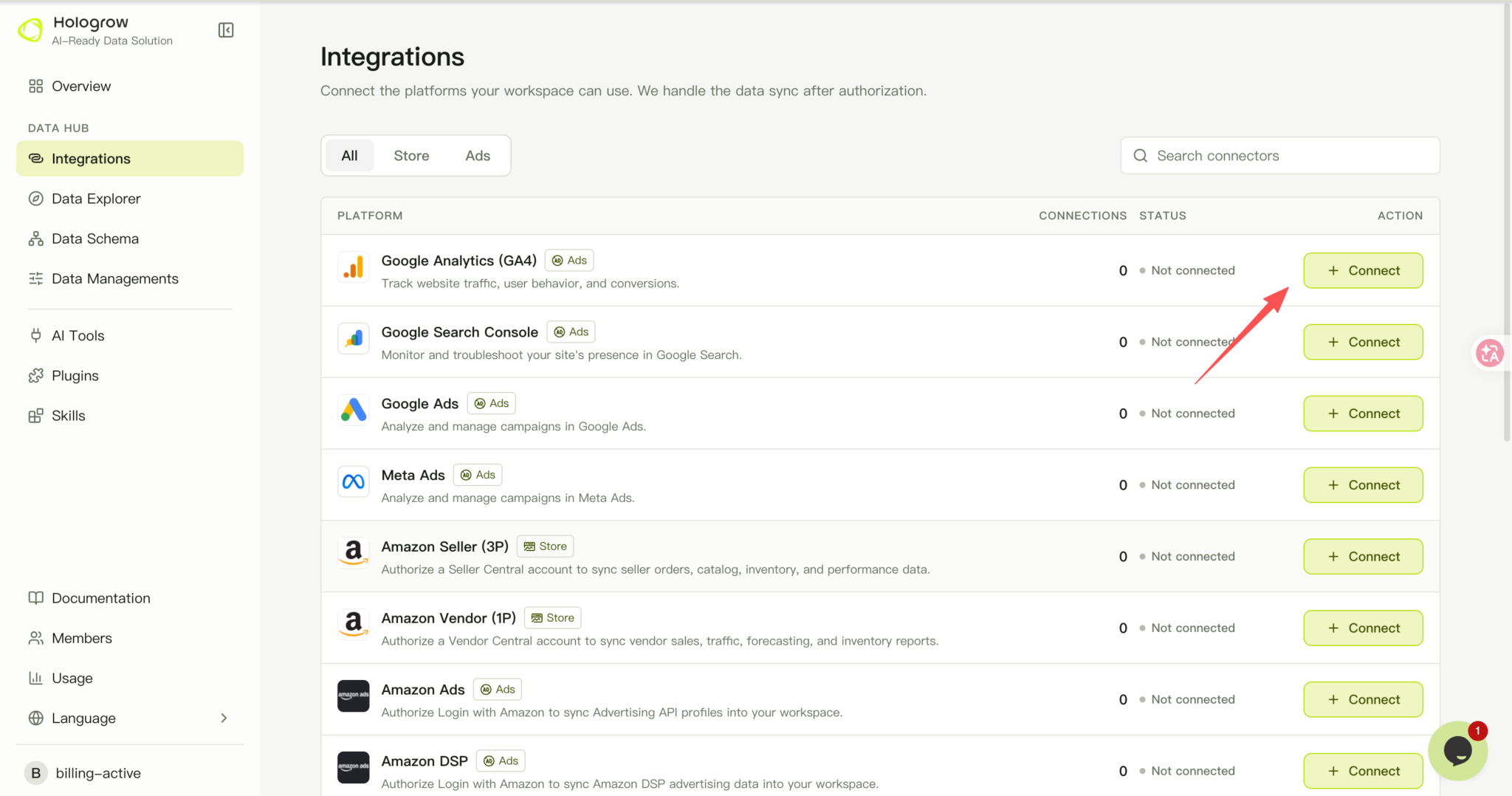 Screenshot: find Google Analytics (GA4) in Integrations