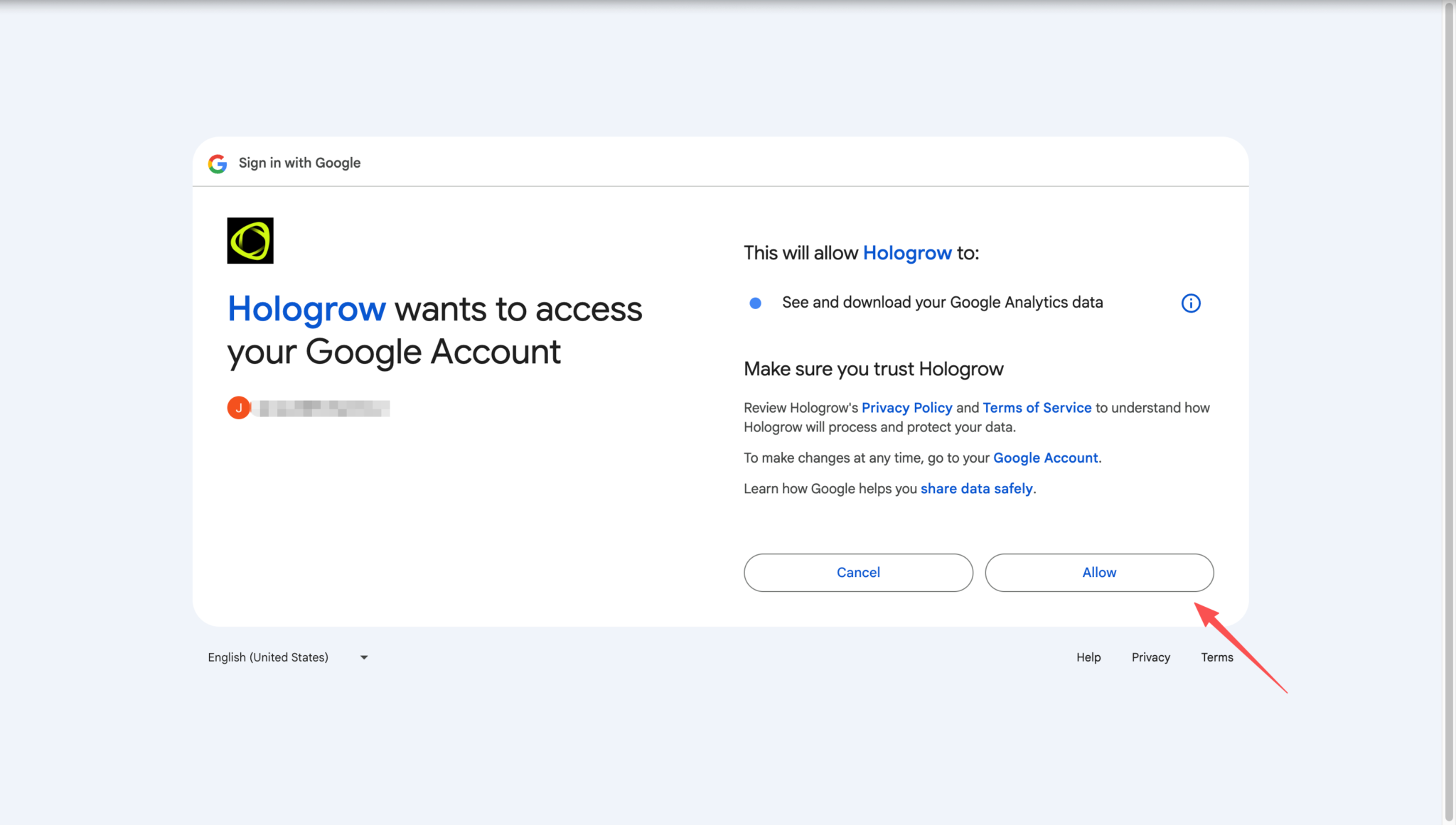 Screenshot: review and approve Google Analytics access