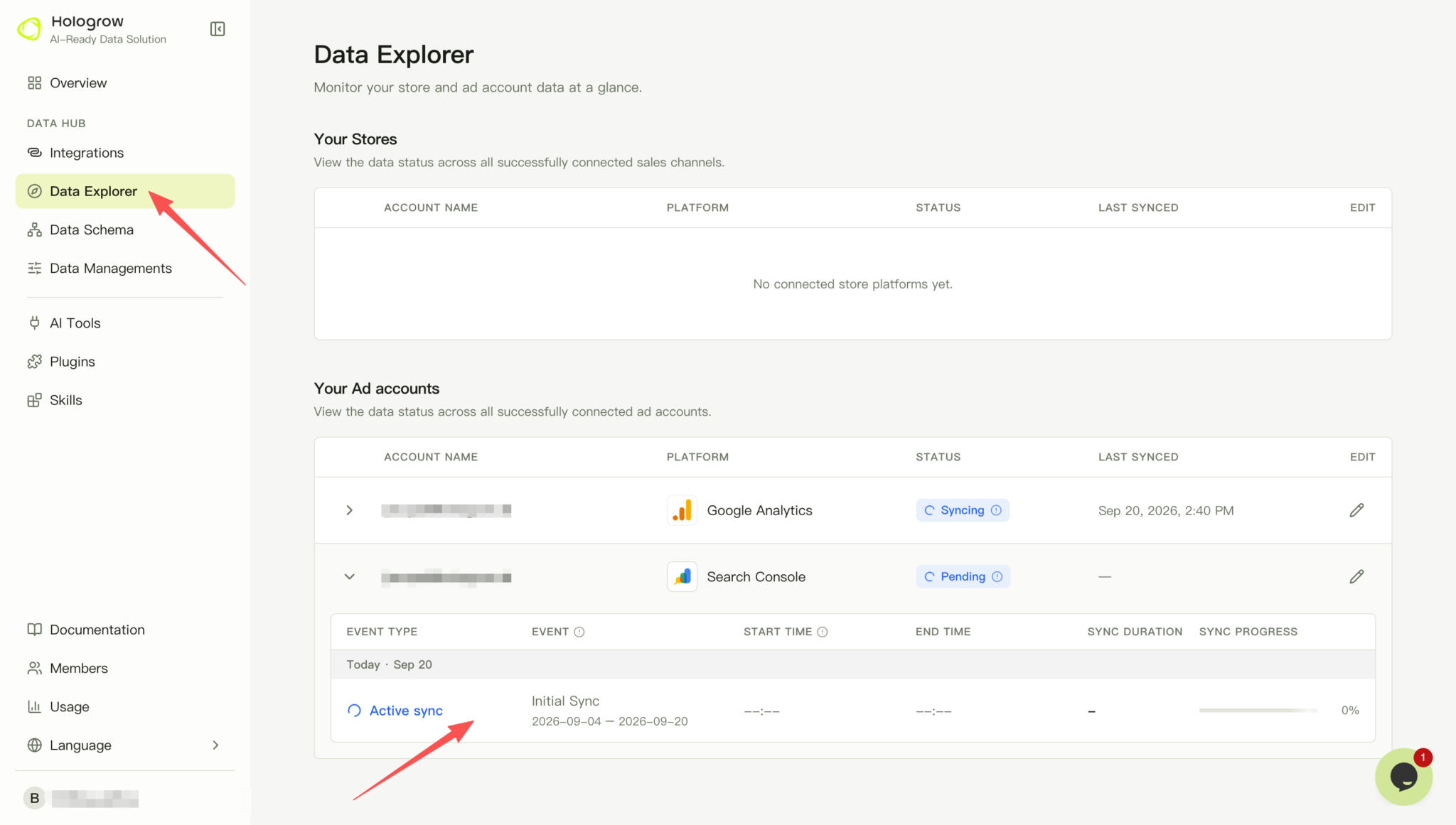 Screenshot: check Search Console connection and sync status in Data Explorer