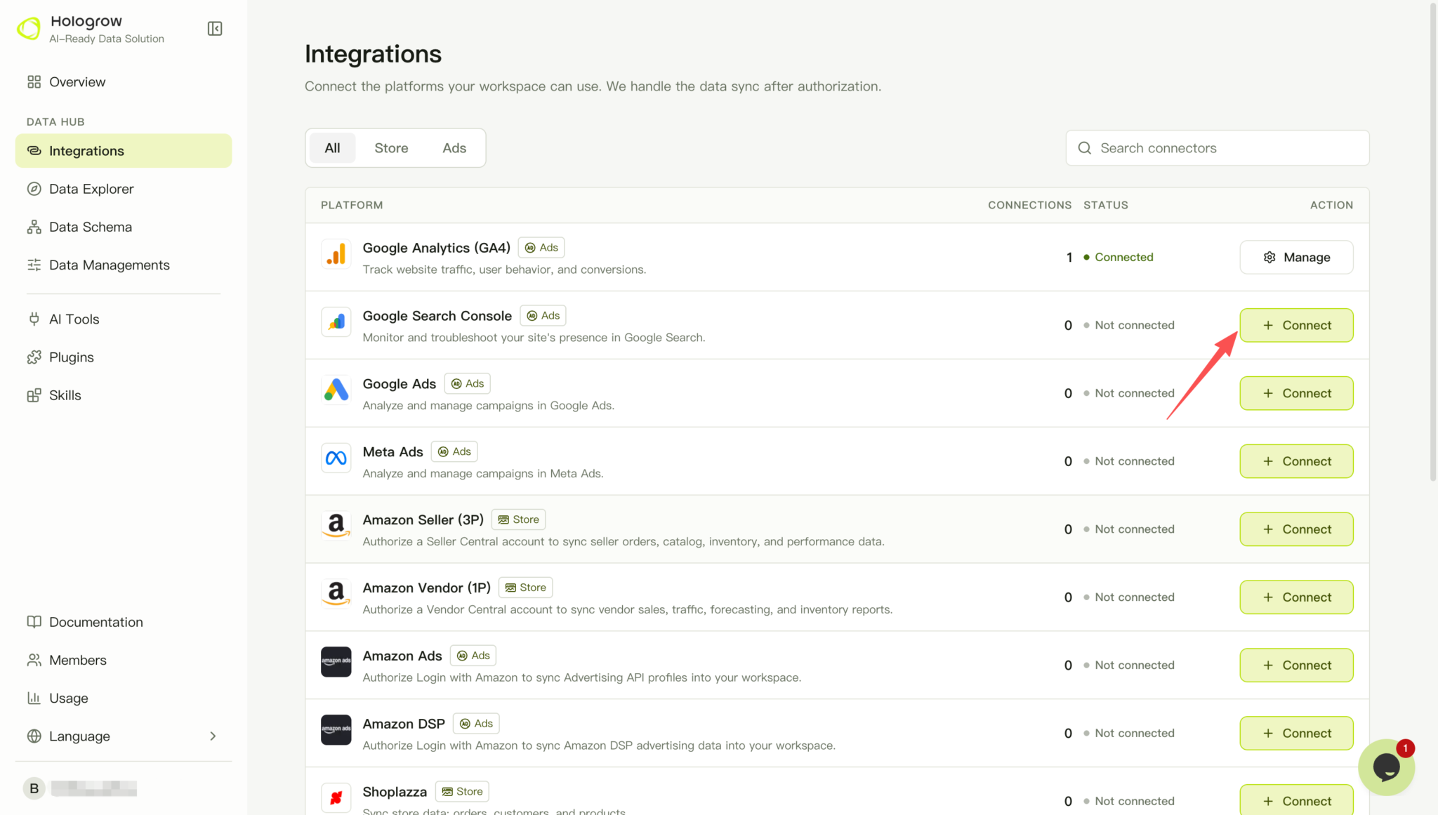 Screenshot: find Google Search Console in Integrations