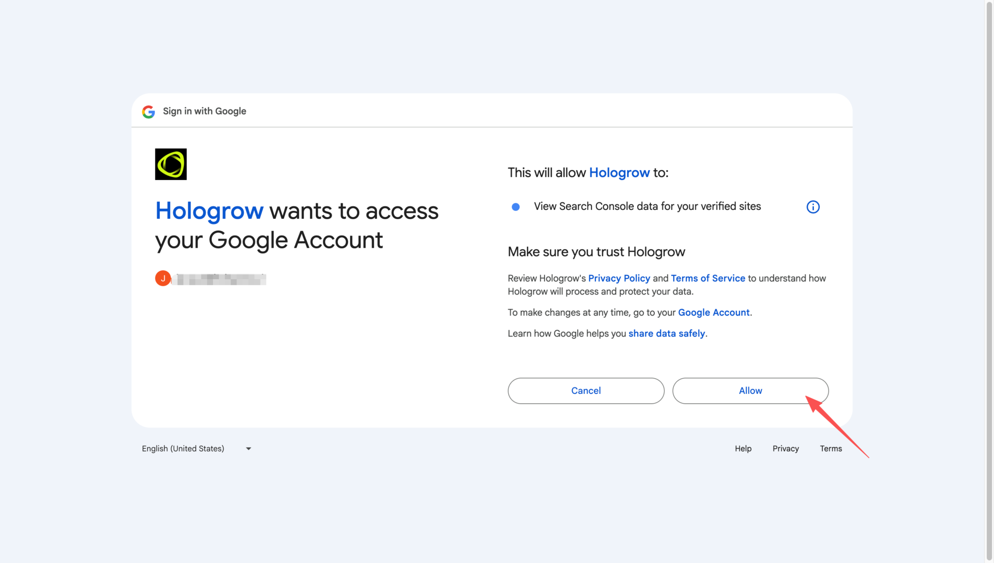 Screenshot: review and allow access to Search Console data on Google