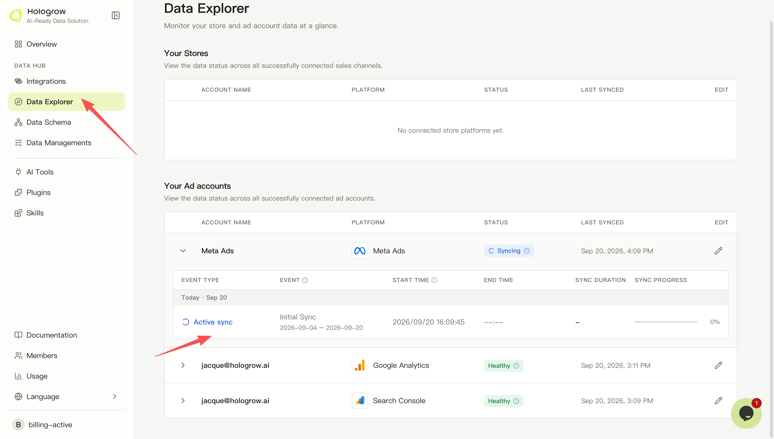 Screenshot: check Meta Ads account status in Data Explorer