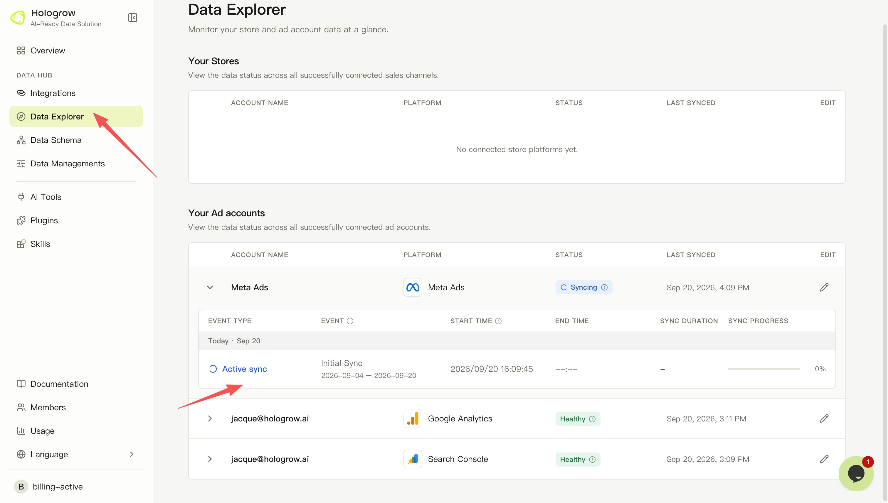 Screenshot: check Meta Ads account status in Data Explorer