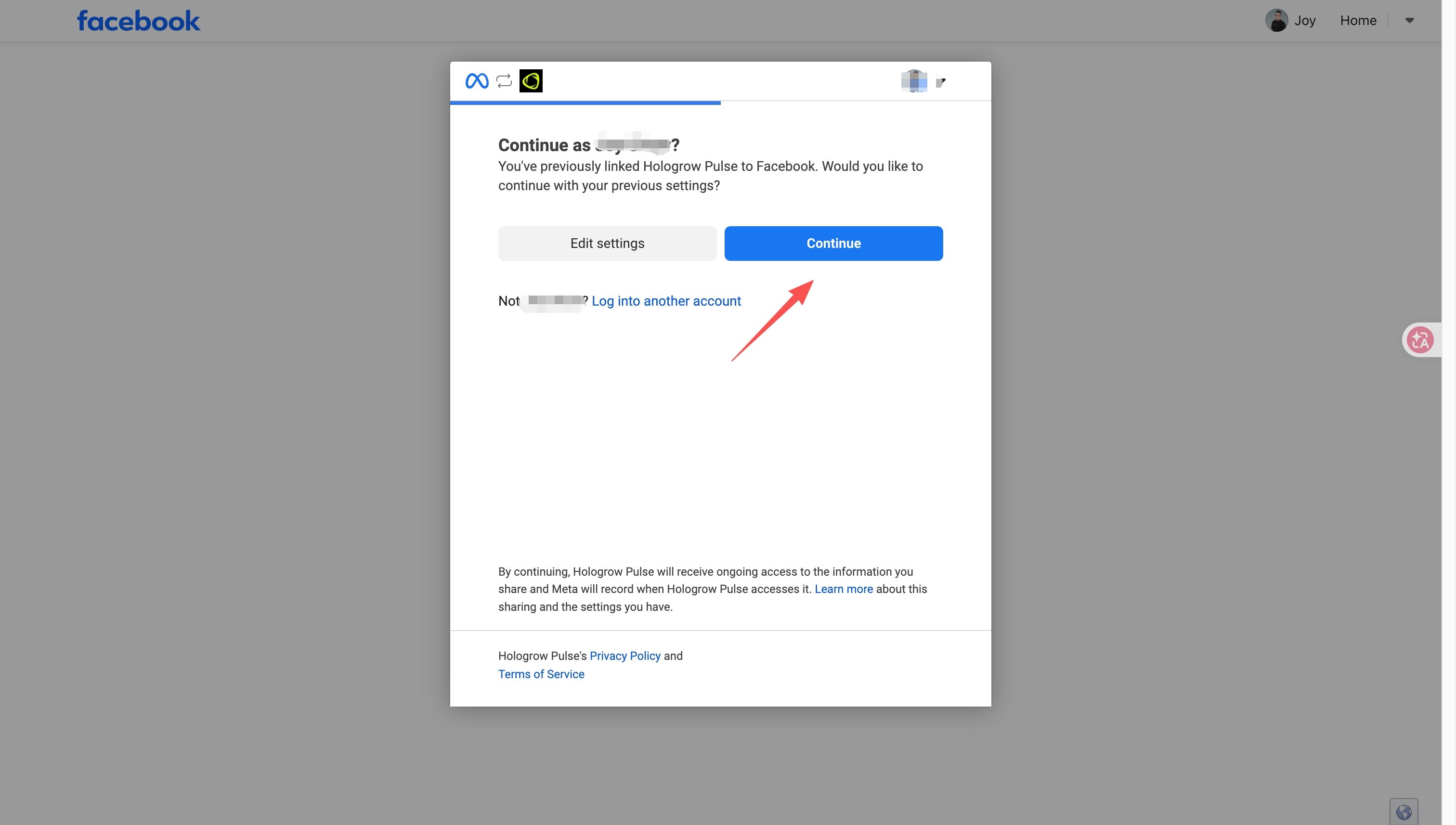 Meta authorization screen: confirm the Facebook account and continue