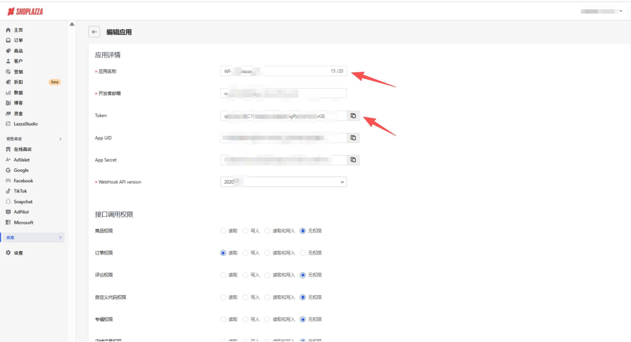 Screenshot: locate and copy the private app Token before pasting it into Hologrow